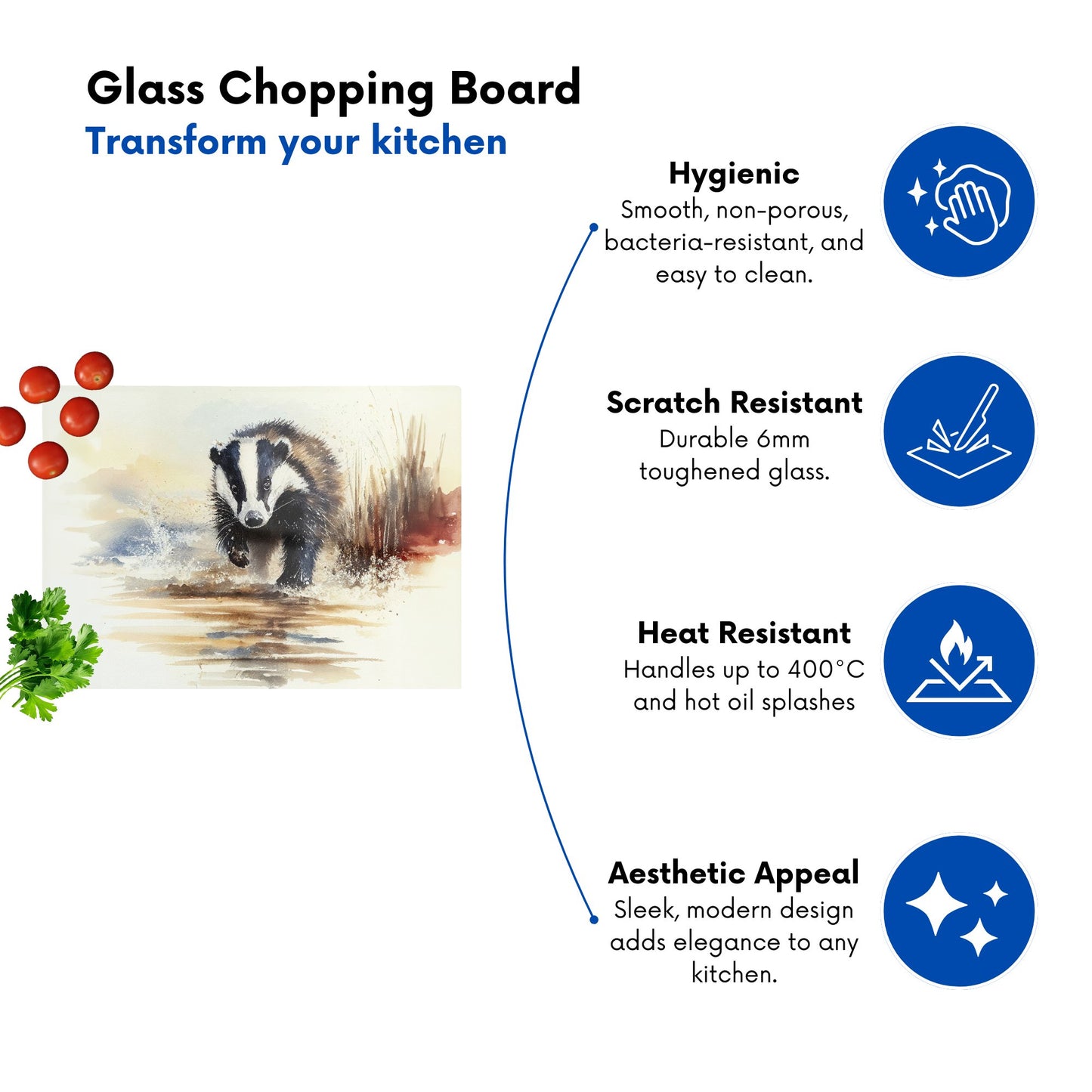 Wading Badger Watercolour Glass Chopping Board