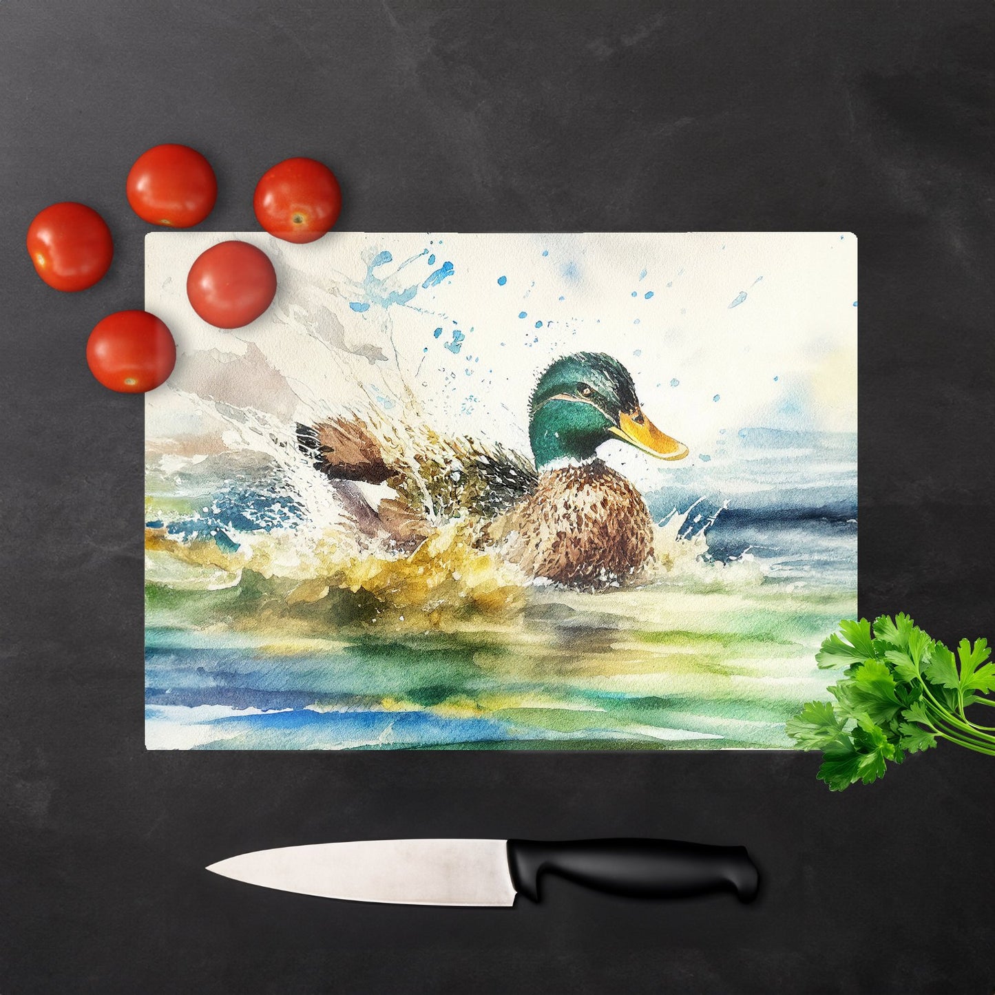 Splashing Mallard Watercolour Glass Chopping Board