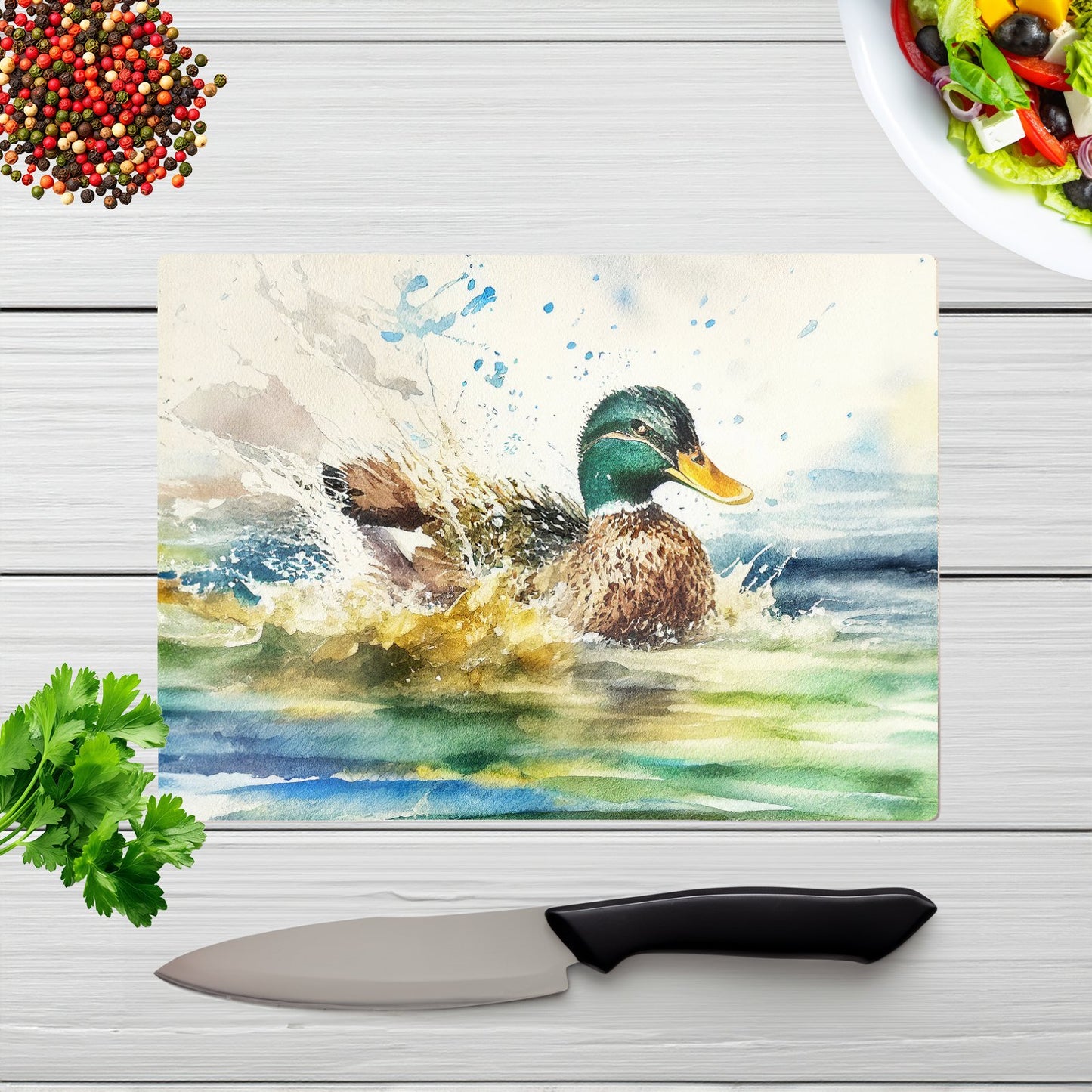 Splashing Mallard Watercolour Glass Chopping Board