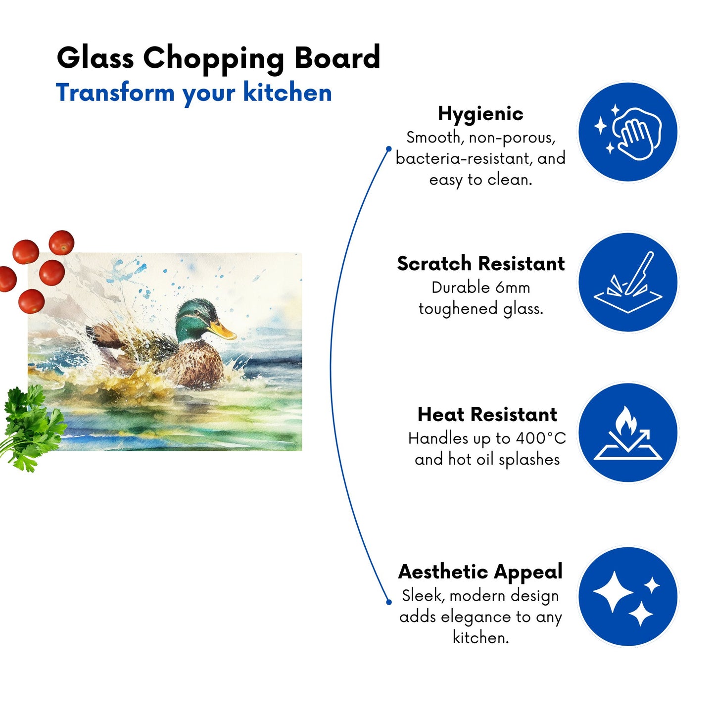 Splashing Mallard Watercolour Glass Chopping Board