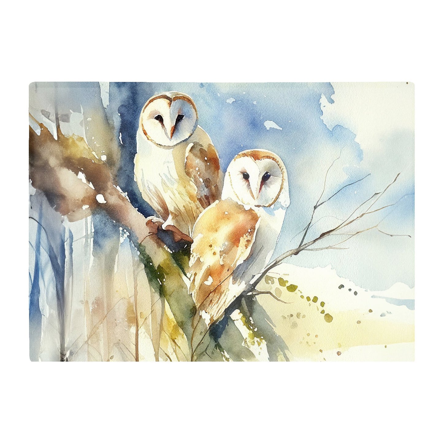 Barn Owls Watercolour Glass Chopping Board