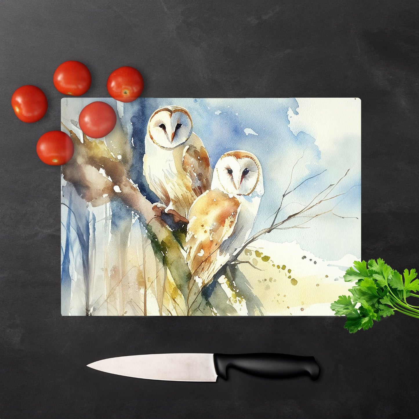 Barn Owls Watercolour Glass Chopping Board