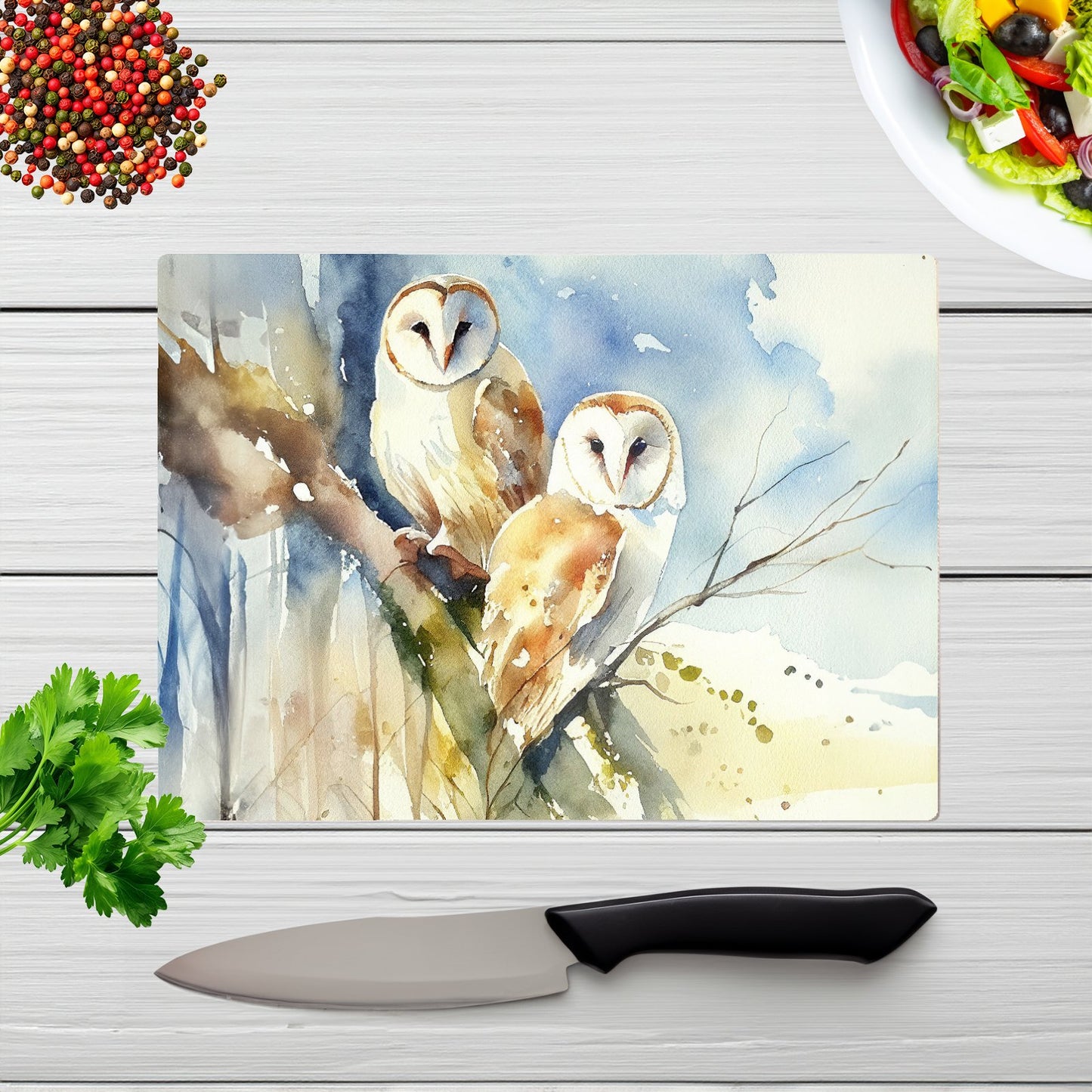 Barn Owls Watercolour Glass Chopping Board