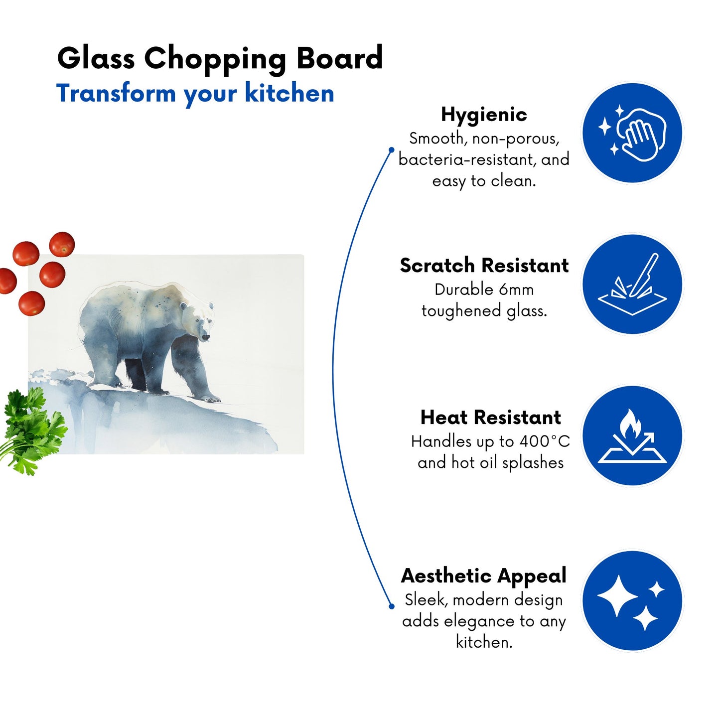 Polar Bear Watercolour Glass Chopping Board