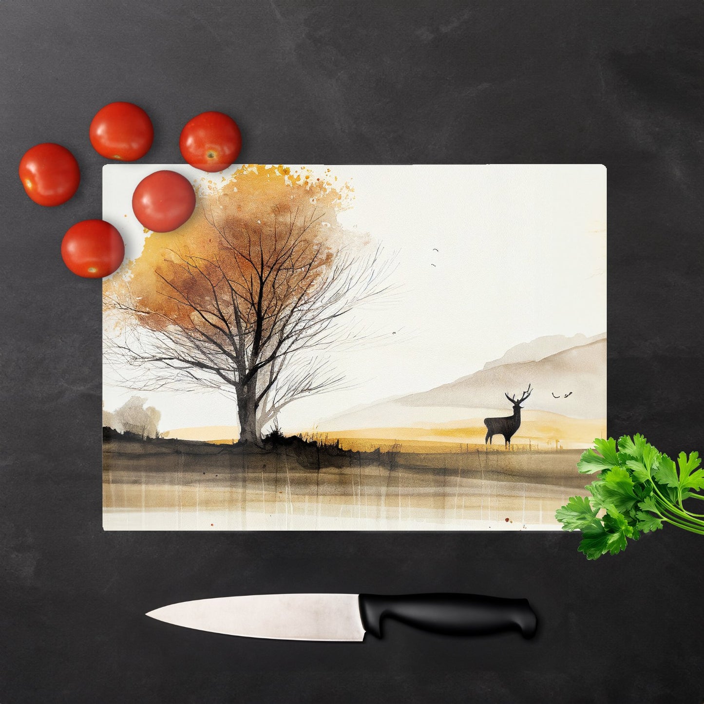Autumn Landscape Stag Watercolour Glass Chopping Board