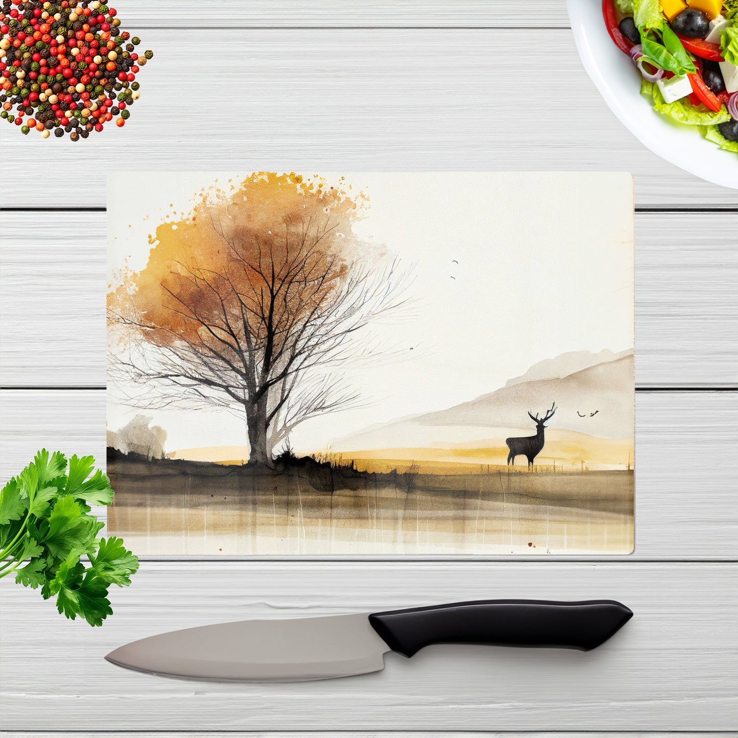 Autumn Landscape Stag Watercolour Glass Chopping Board