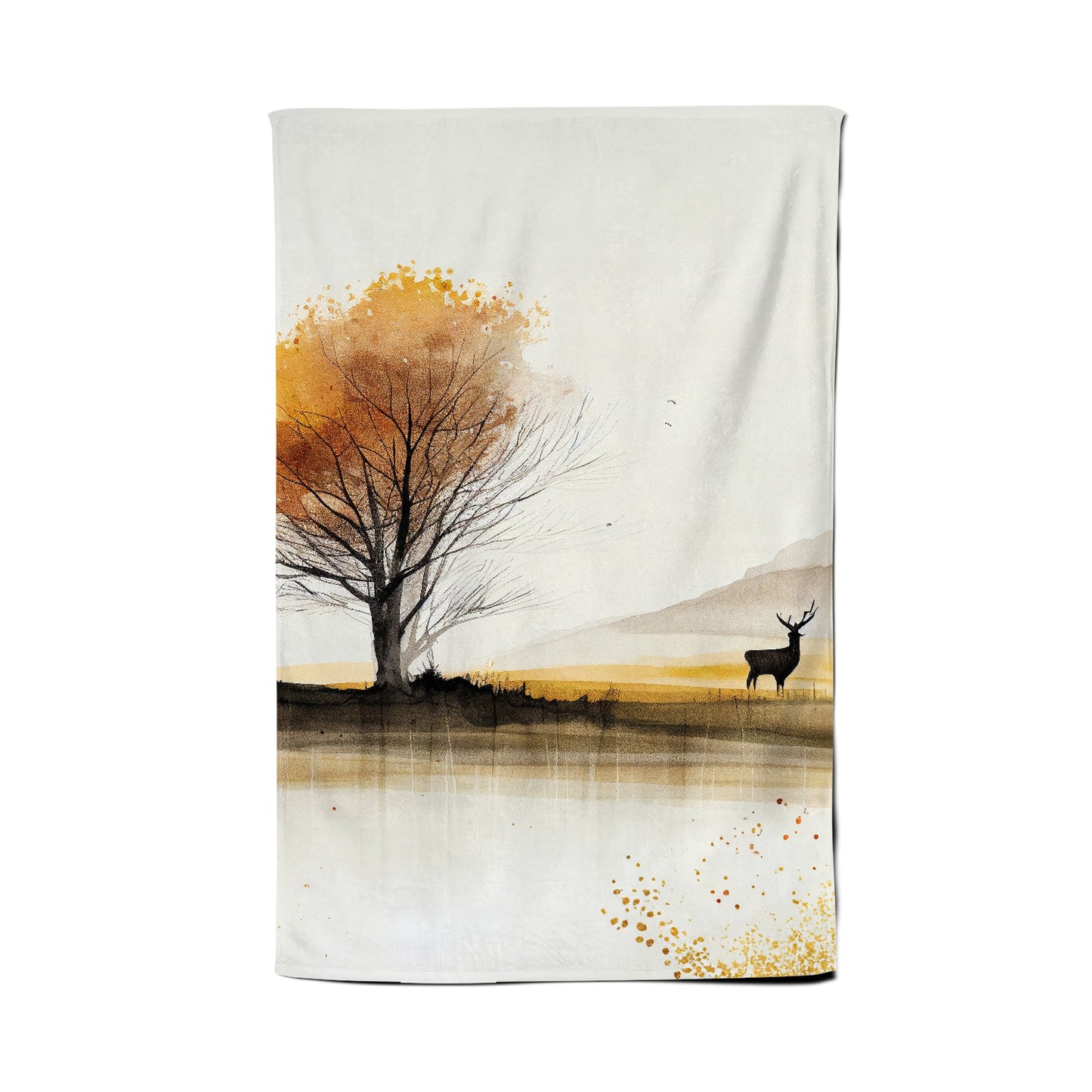 Autumn Landscape Stag Watercolour Tea Towel