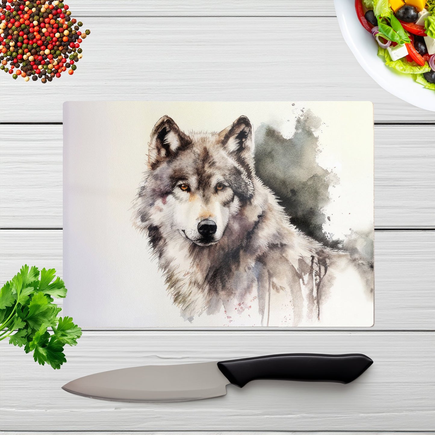 Loyal Wolf Watercolour Glass Chopping Board