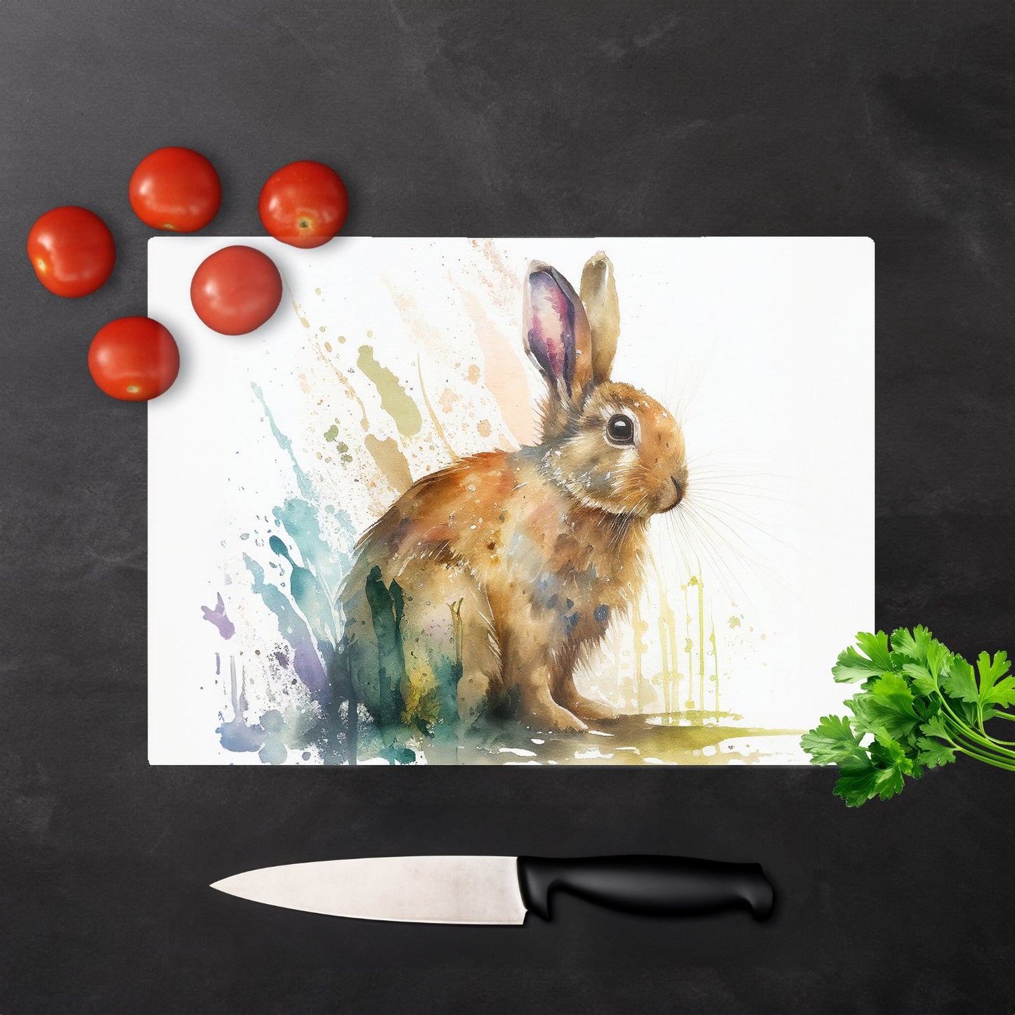 Rabbit Splash Watercolour Glass Chopping Board