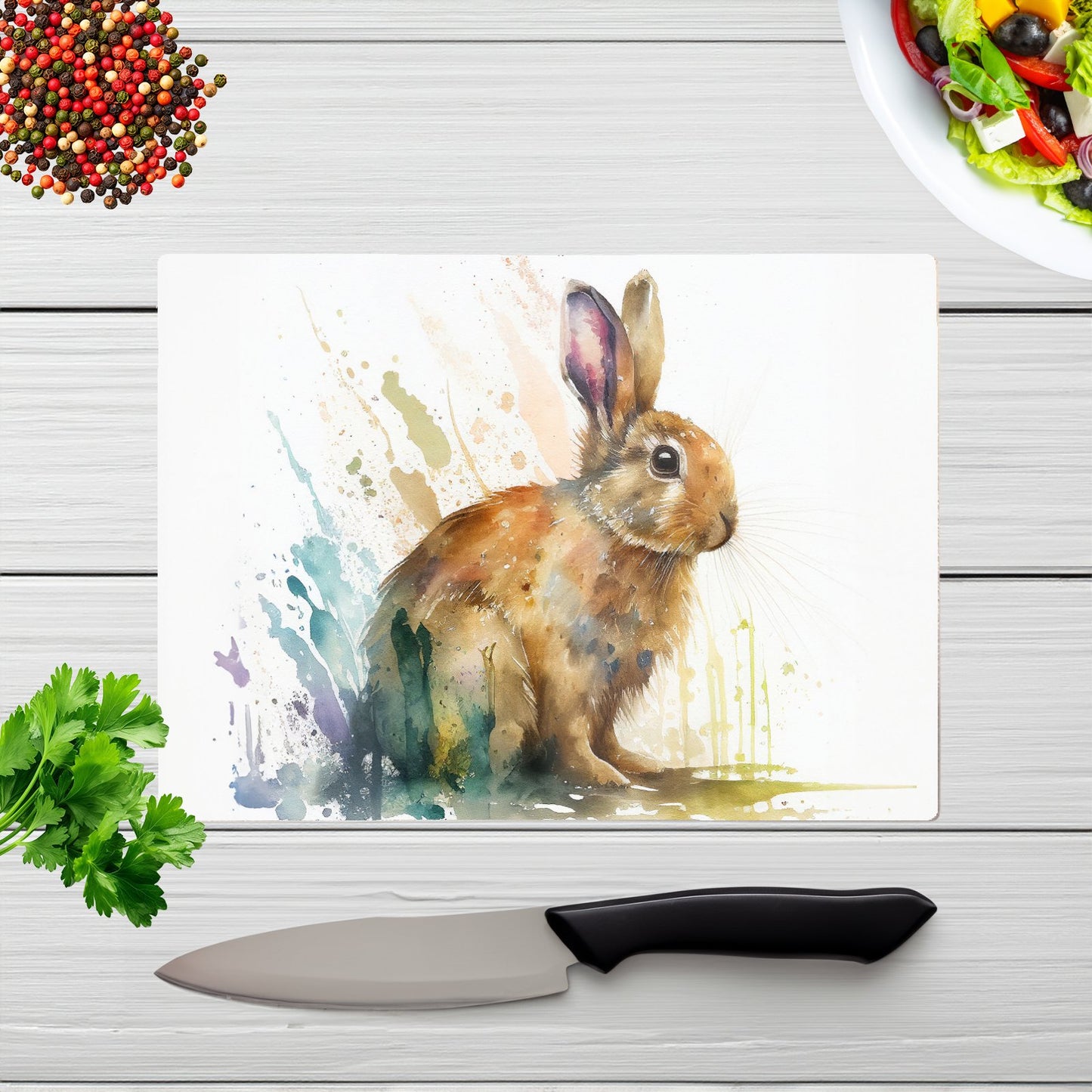 Rabbit Splash Watercolour Glass Chopping Board