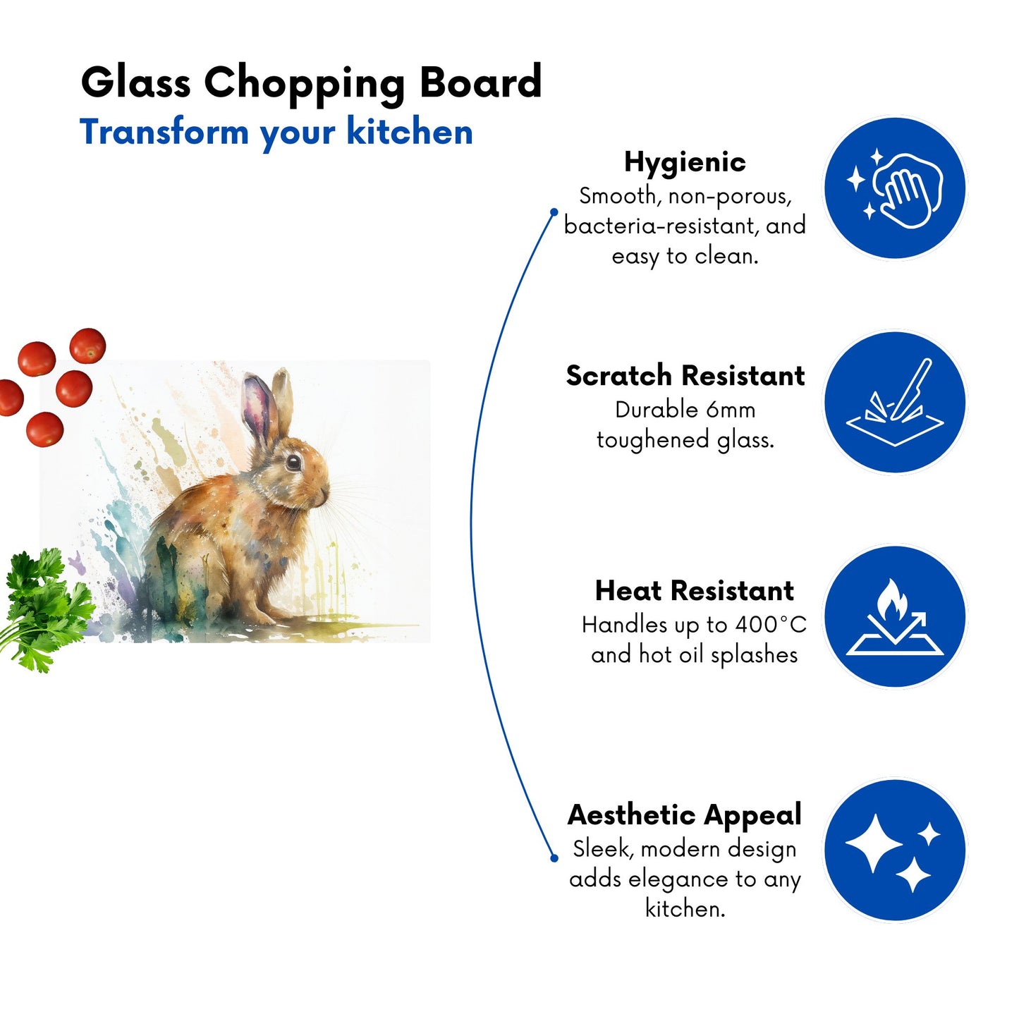 Rabbit Splash Watercolour Glass Chopping Board