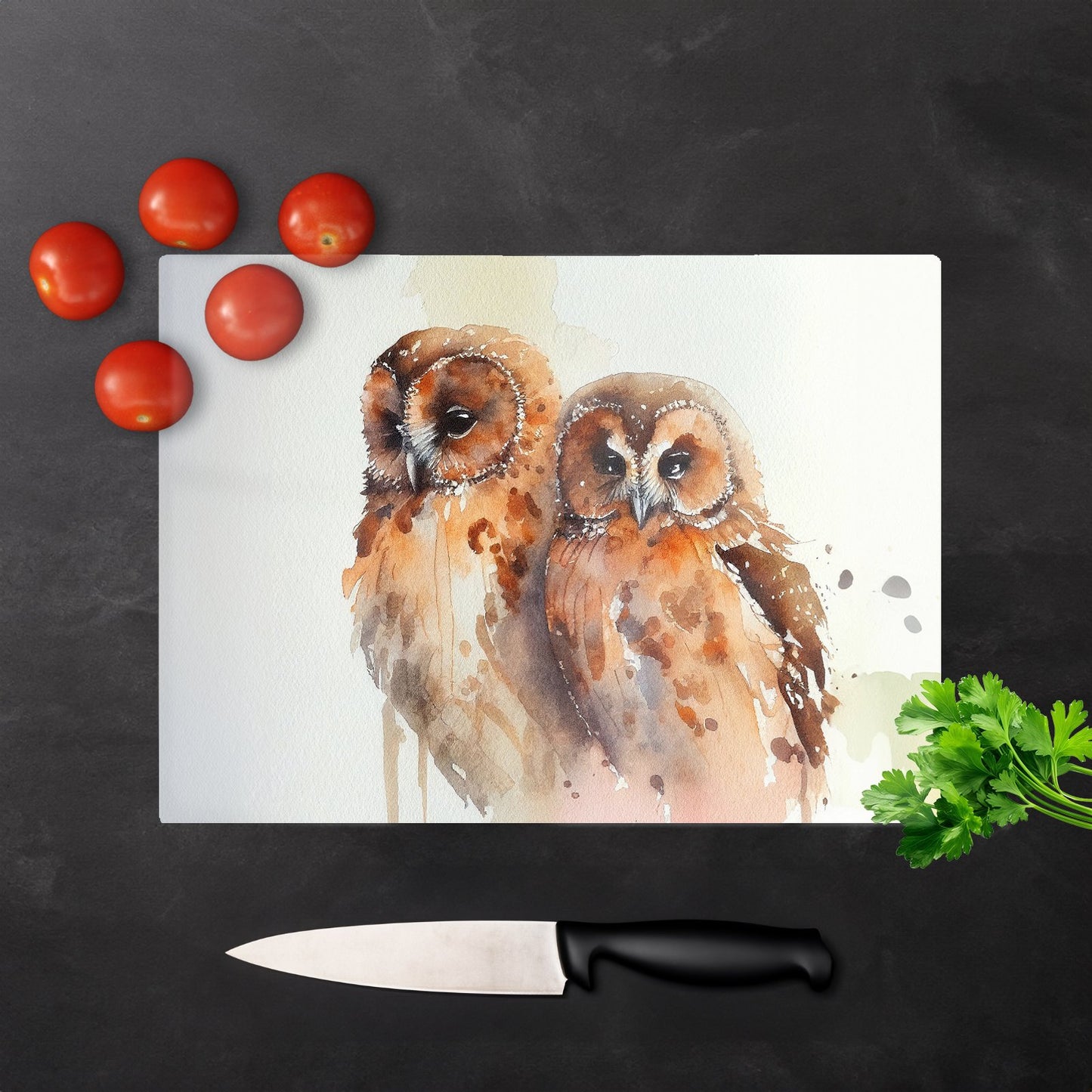 Loving Tawny Owls Watercolour Glass Chopping Board