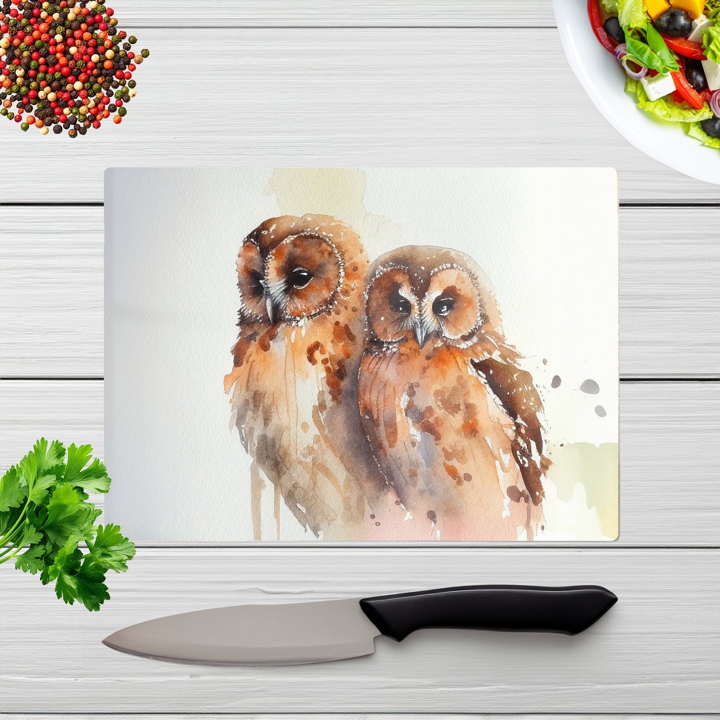 Loving Tawny Owls Watercolour Glass Chopping Board