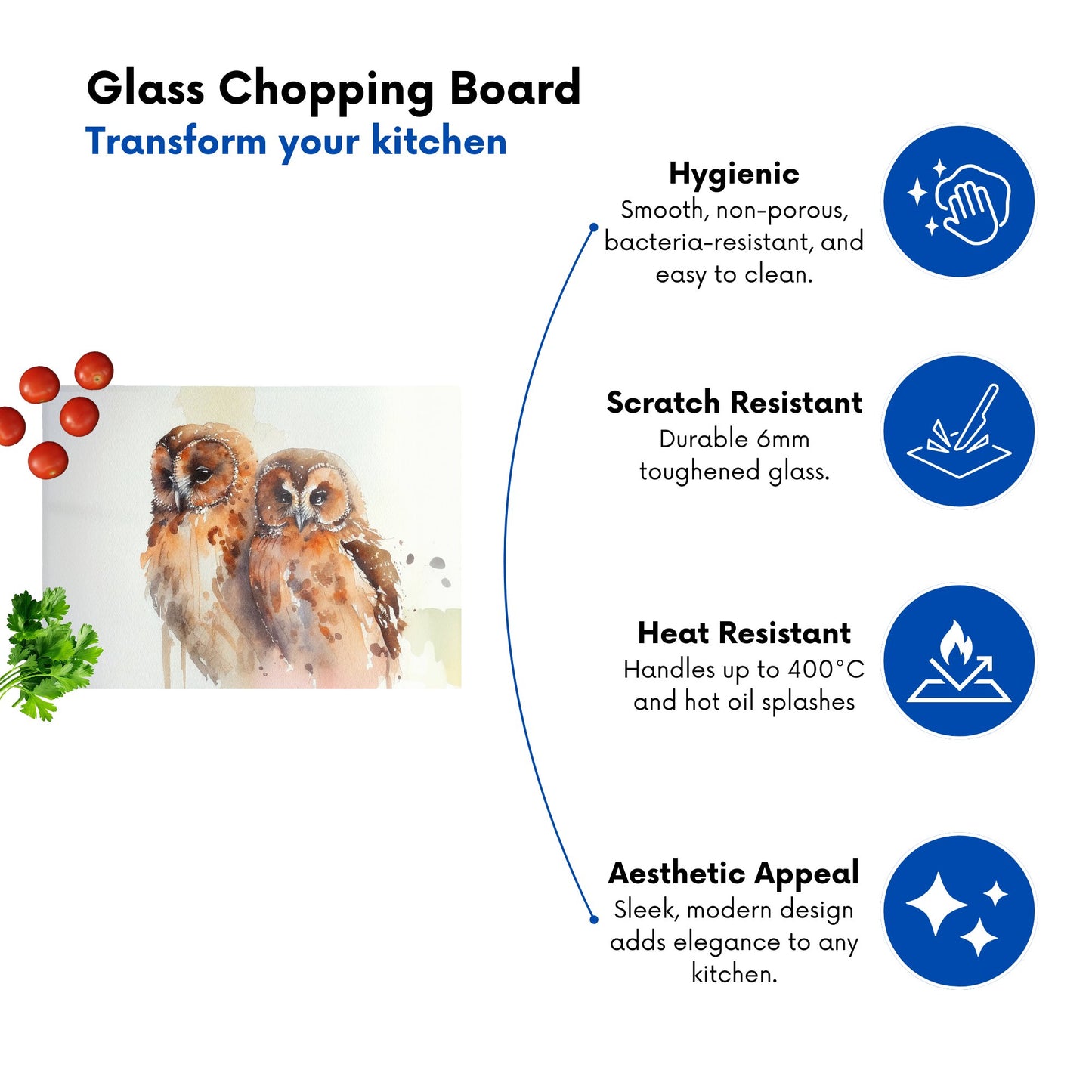 Loving Tawny Owls Watercolour Glass Chopping Board