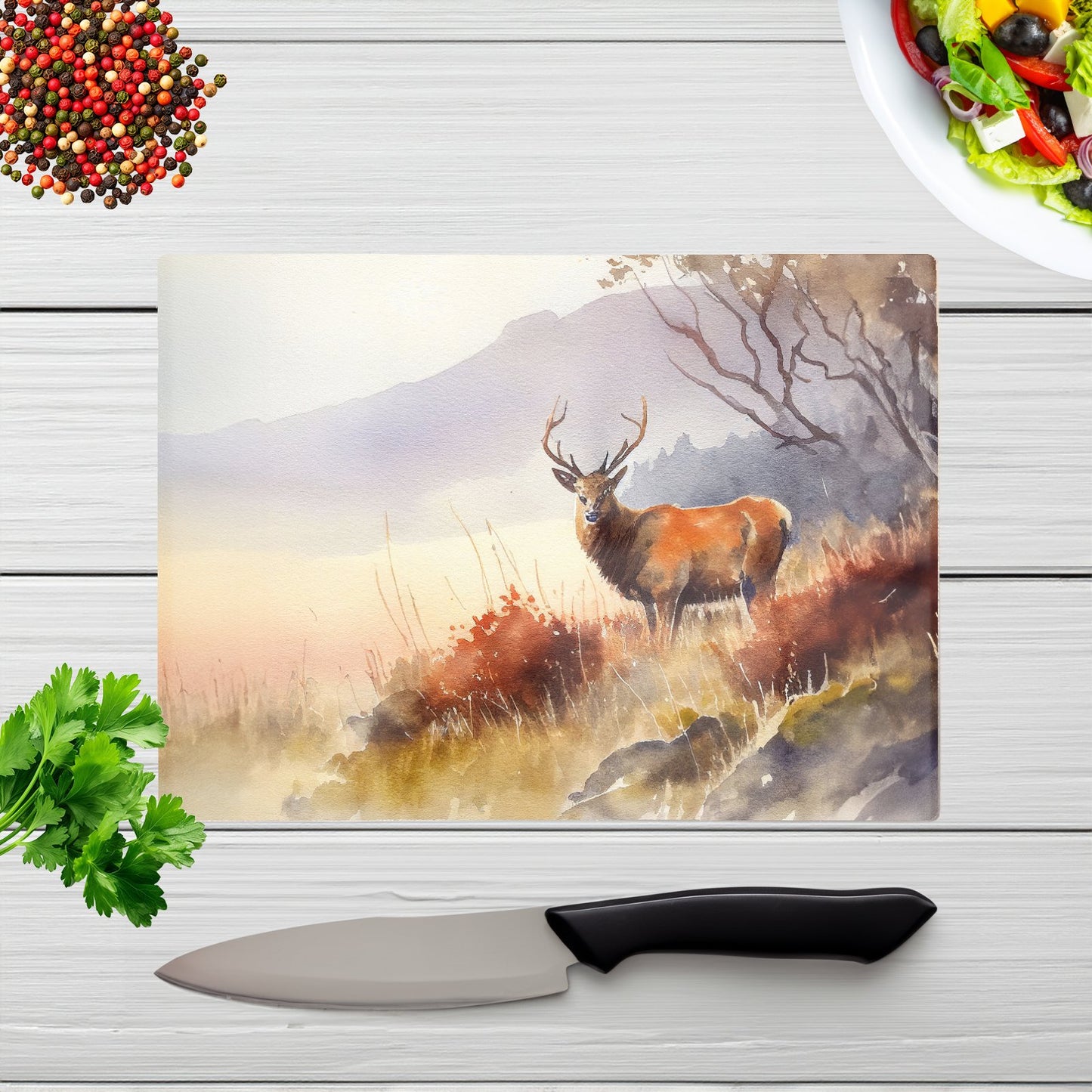 Stag Deer Water Colour Glass Chopping Board