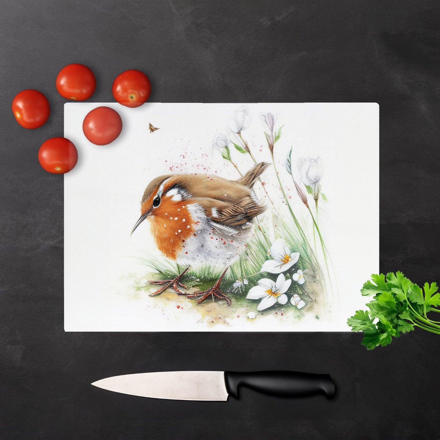 Robin And Daisies Watercolour Glass Chopping Board