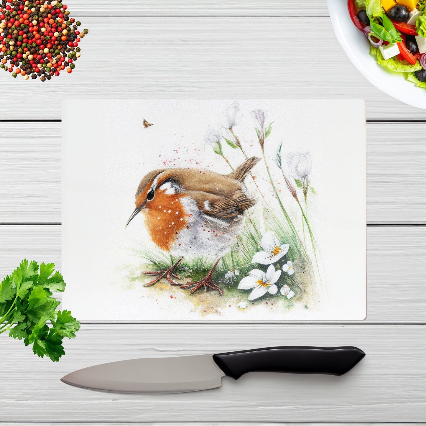 Robin And Daisies Watercolour Glass Chopping Board