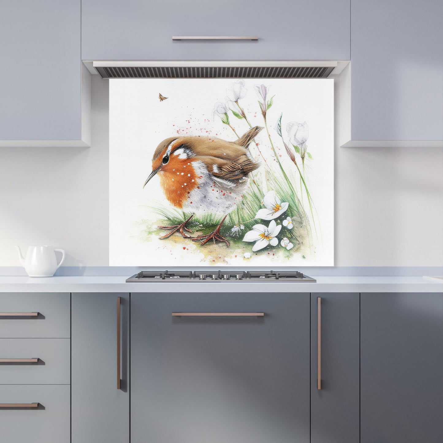 Robin And Daisies Watercolour Kitchen Splashback