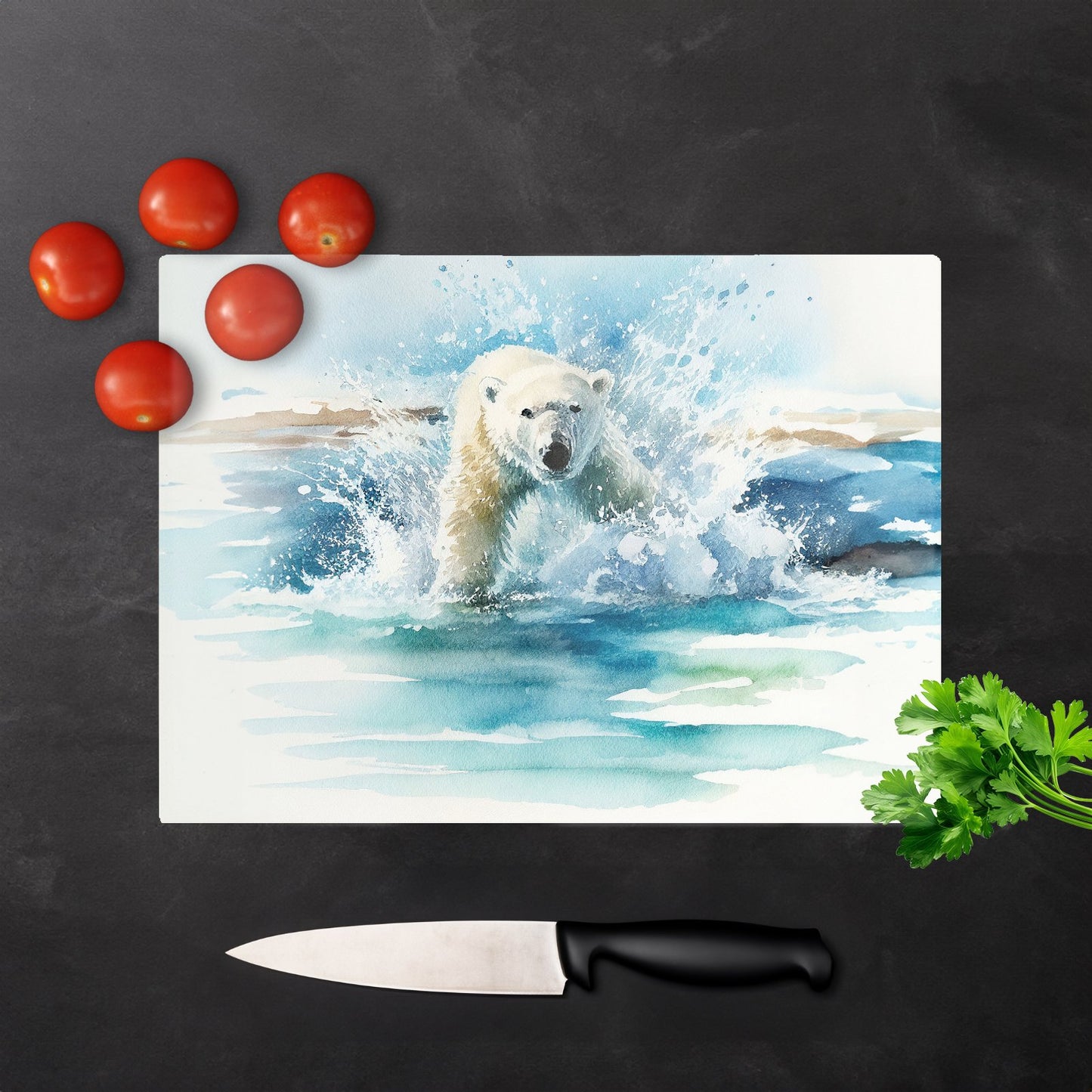 Hunting Polar Bear Watercolour Glass Chopping Board