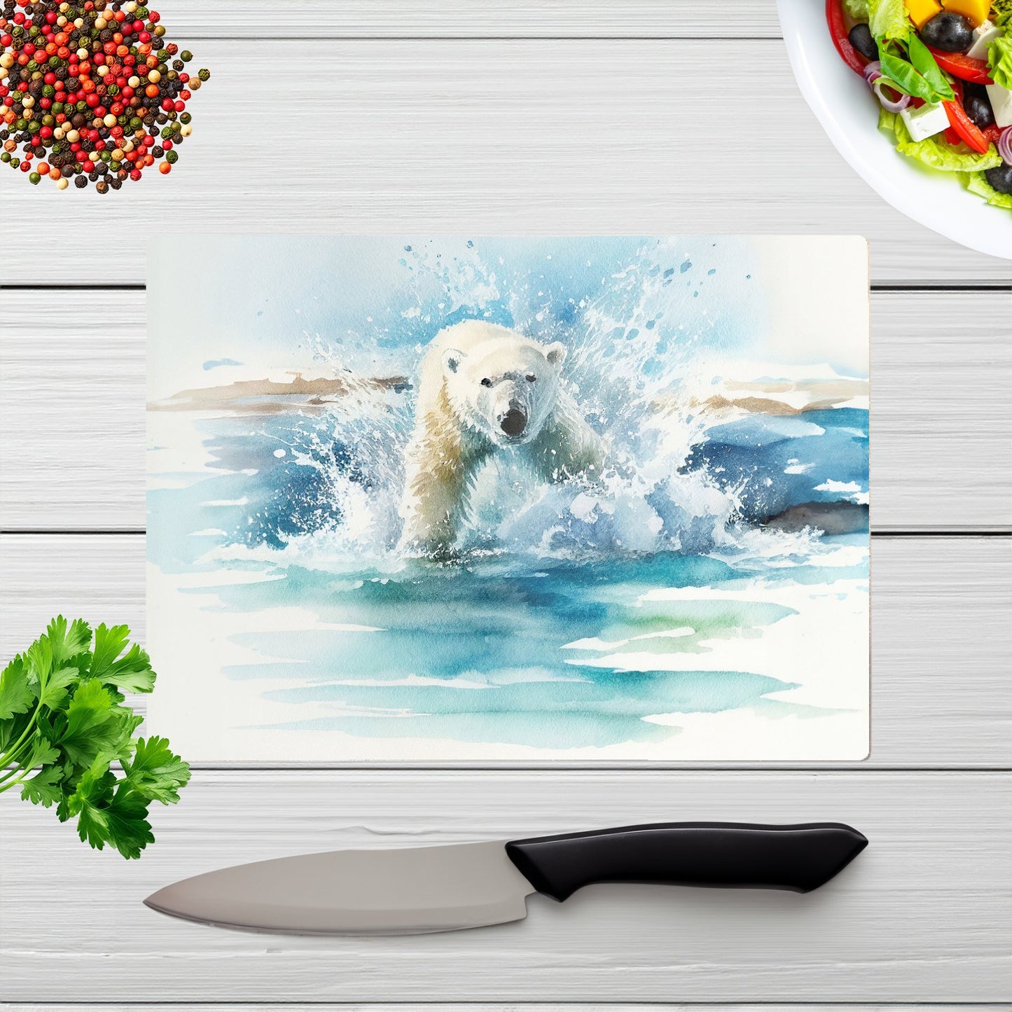Hunting Polar Bear Watercolour Glass Chopping Board