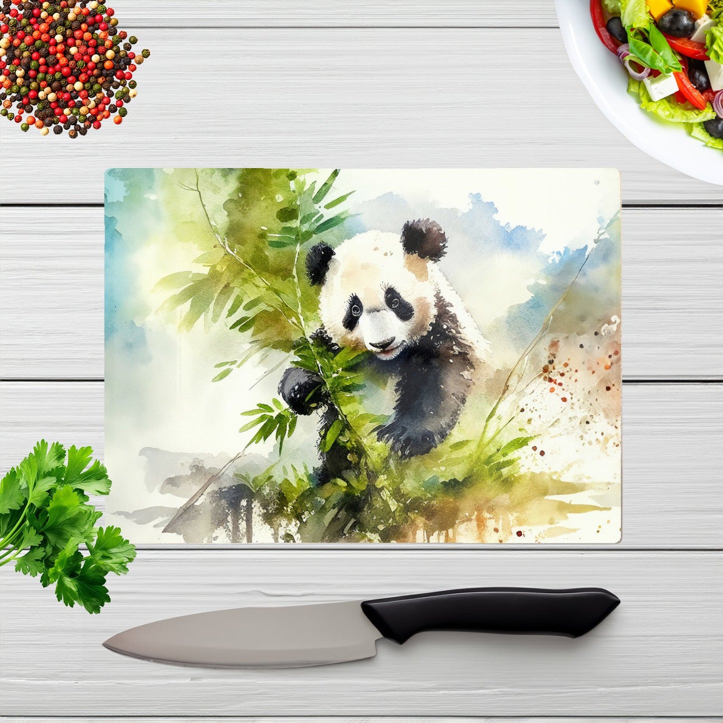 Panda Eating Bamboo Watercolour Glass Chopping Board