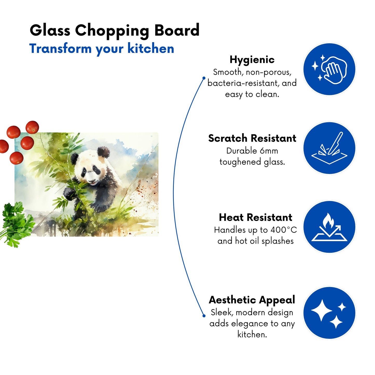 Panda Eating Bamboo Watercolour Glass Chopping Board
