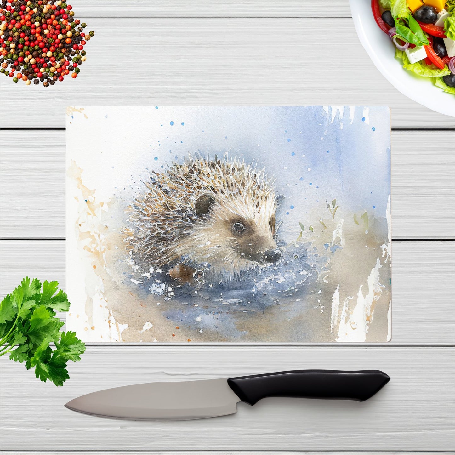 Hedgehog Watercolour Glass Chopping Board