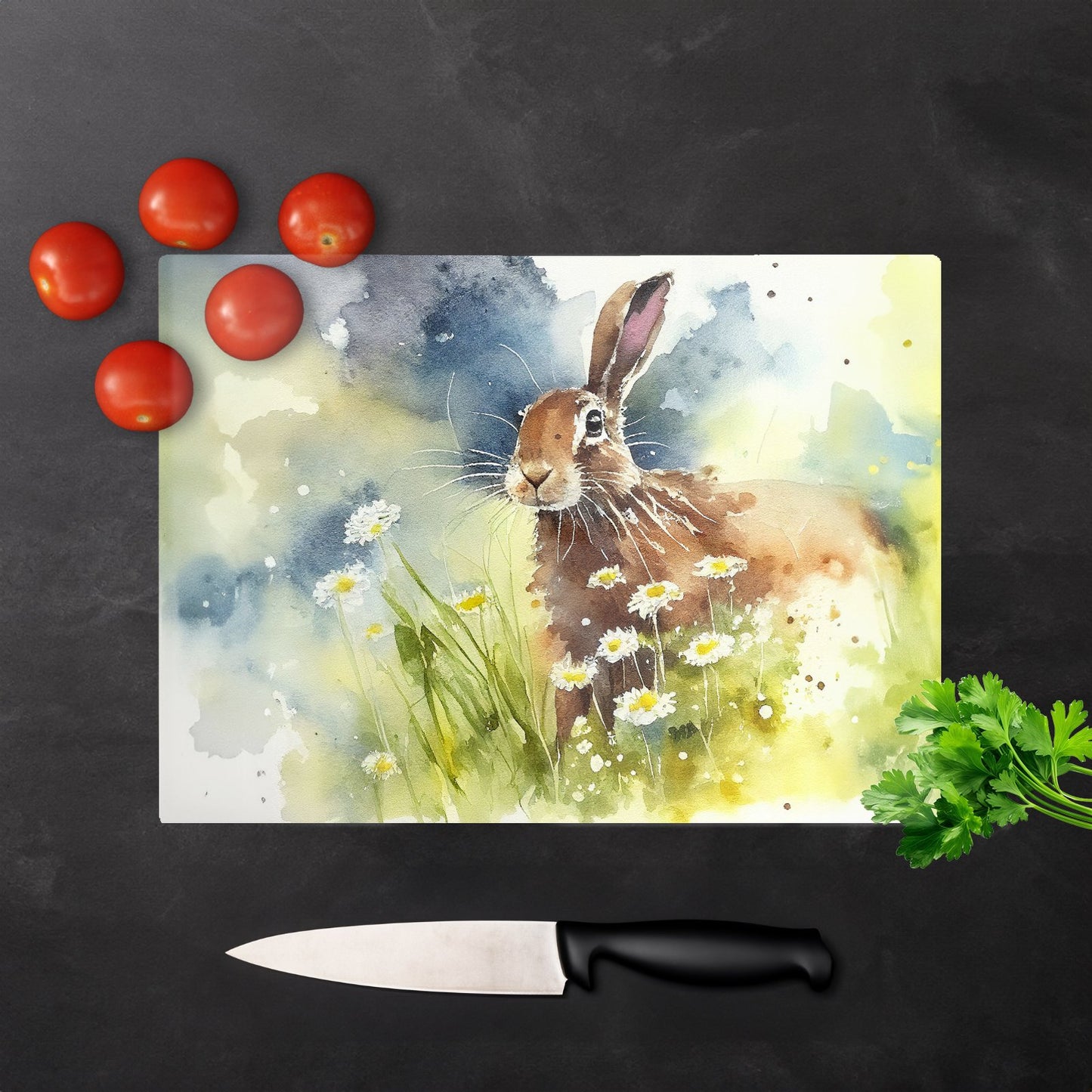 Hare And Daisies Watercolour Glass Chopping Board