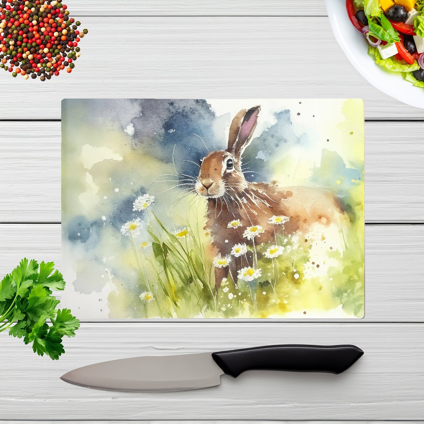 Hare And Daisies Watercolour Glass Chopping Board