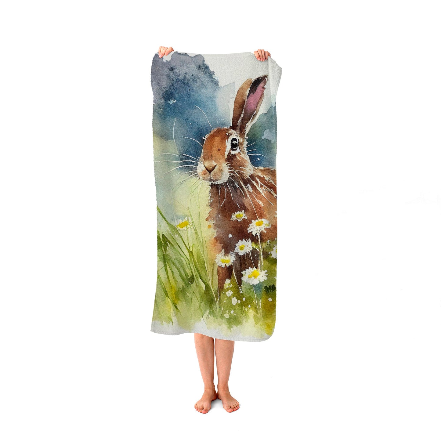 Hare And Daisies Watercolour Beach Towel