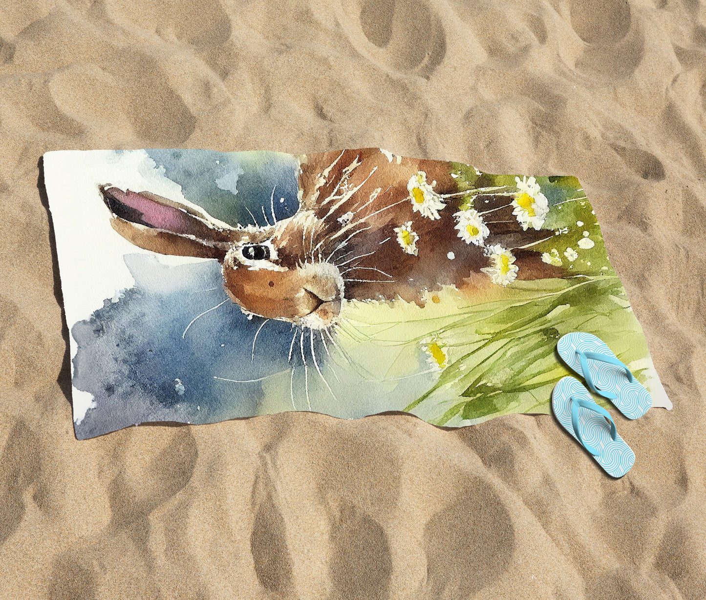 Hare And Daisies Watercolour Beach Towel
