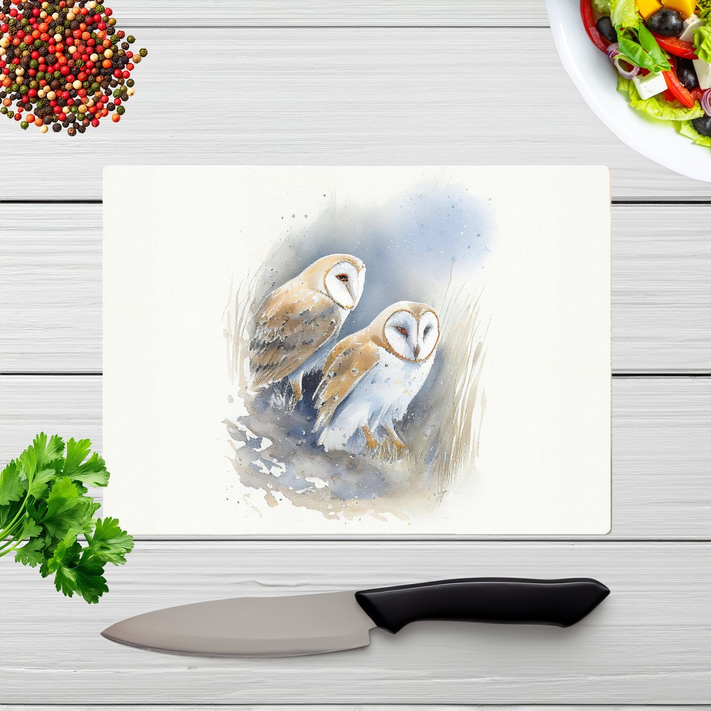 Barn Ano Owls Watercolour Glass Chopping Board