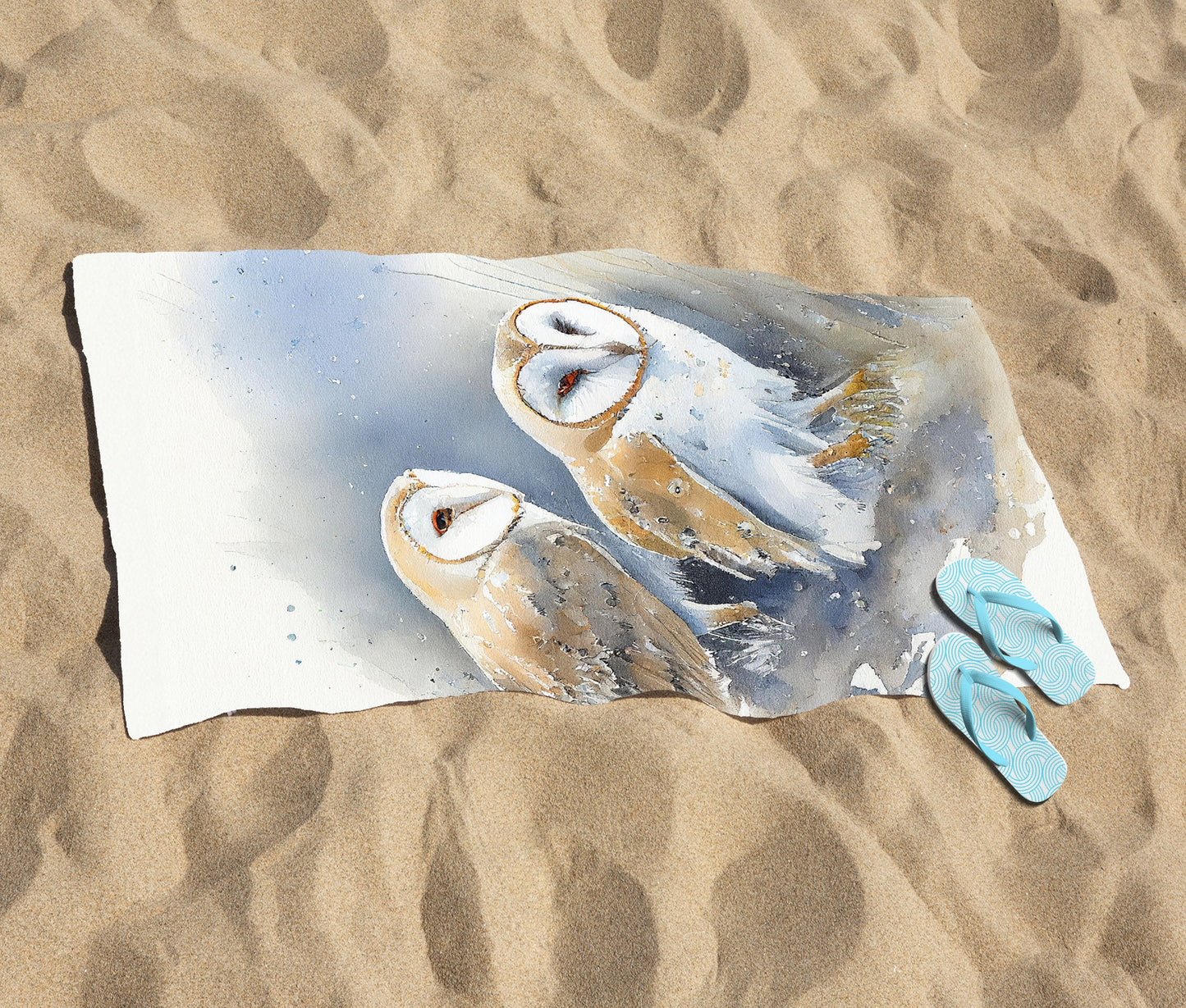 Barn Ano Owls Watercolour Beach Towel