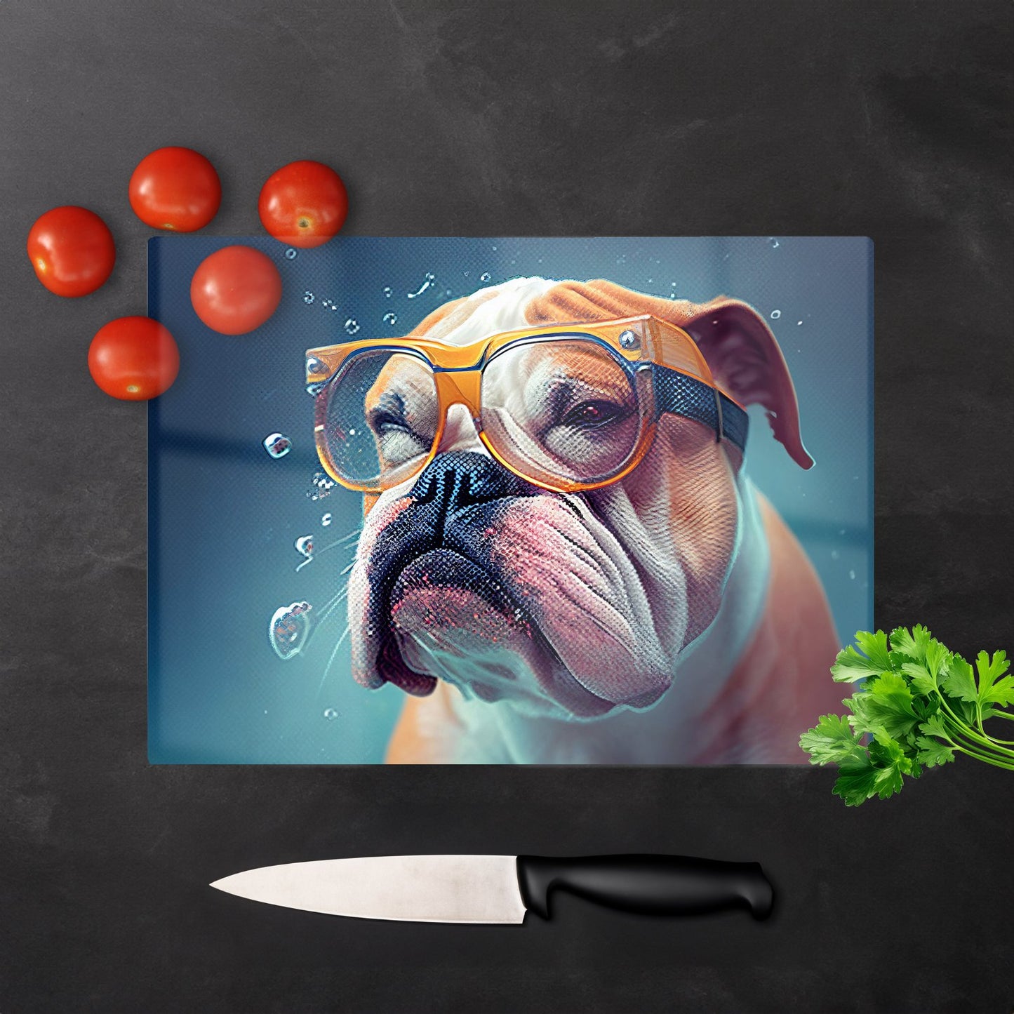 Bulldog With Glasses Splashart Glass Chopping Board