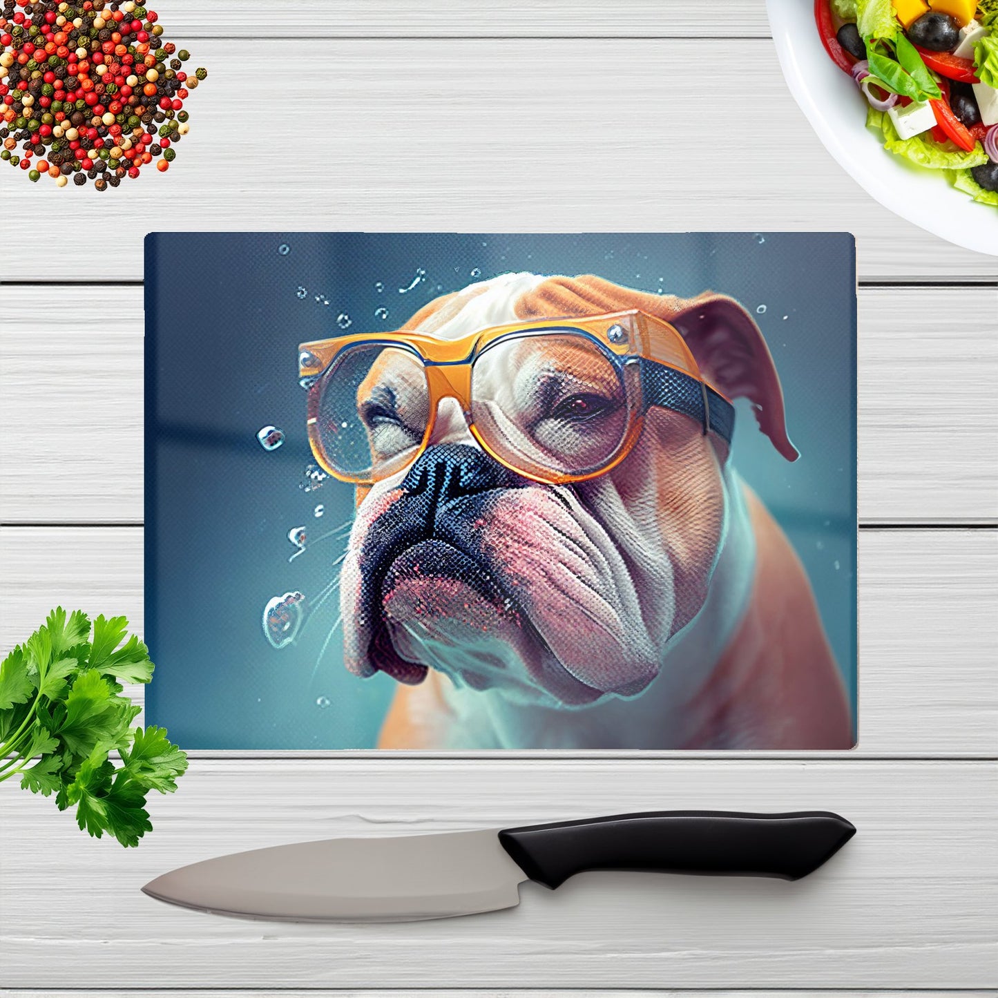Bulldog With Glasses Splashart Glass Chopping Board