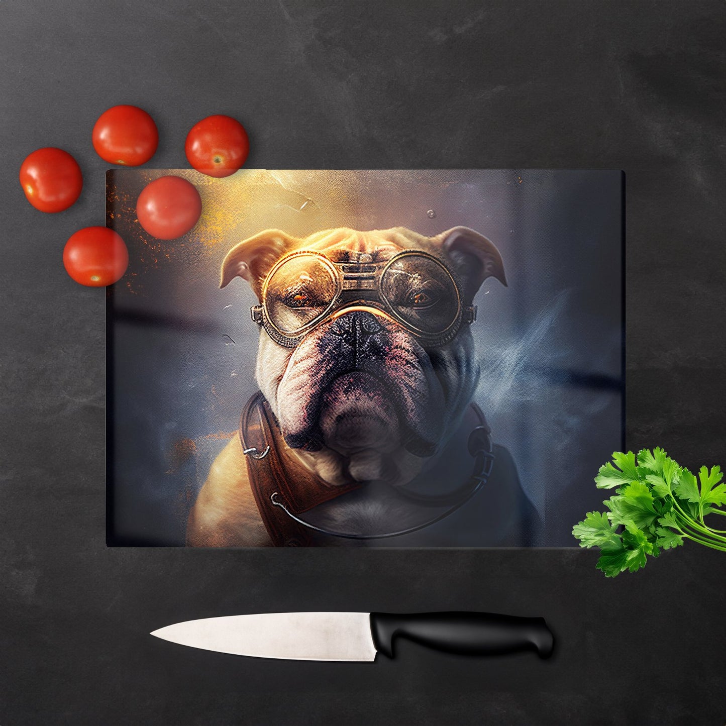 Bulldog With Glasses Splashart Golden Glass Chopping Board