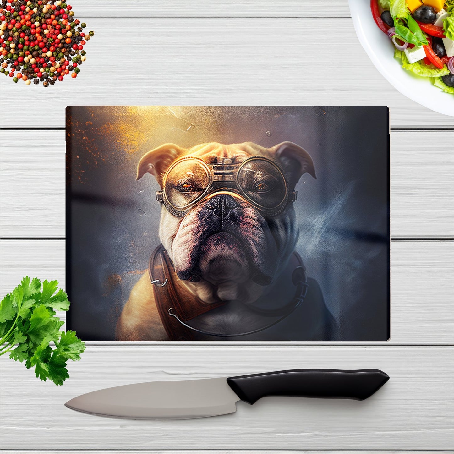 Bulldog With Glasses Splashart Golden Glass Chopping Board