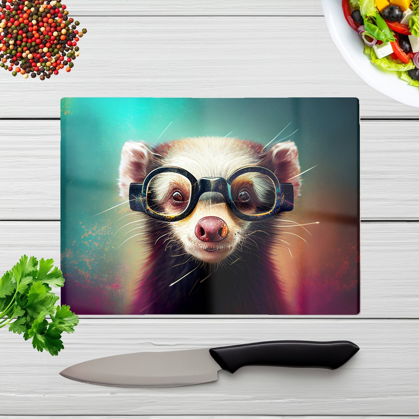 Ferret With Glasses Splashart Glass Chopping Board