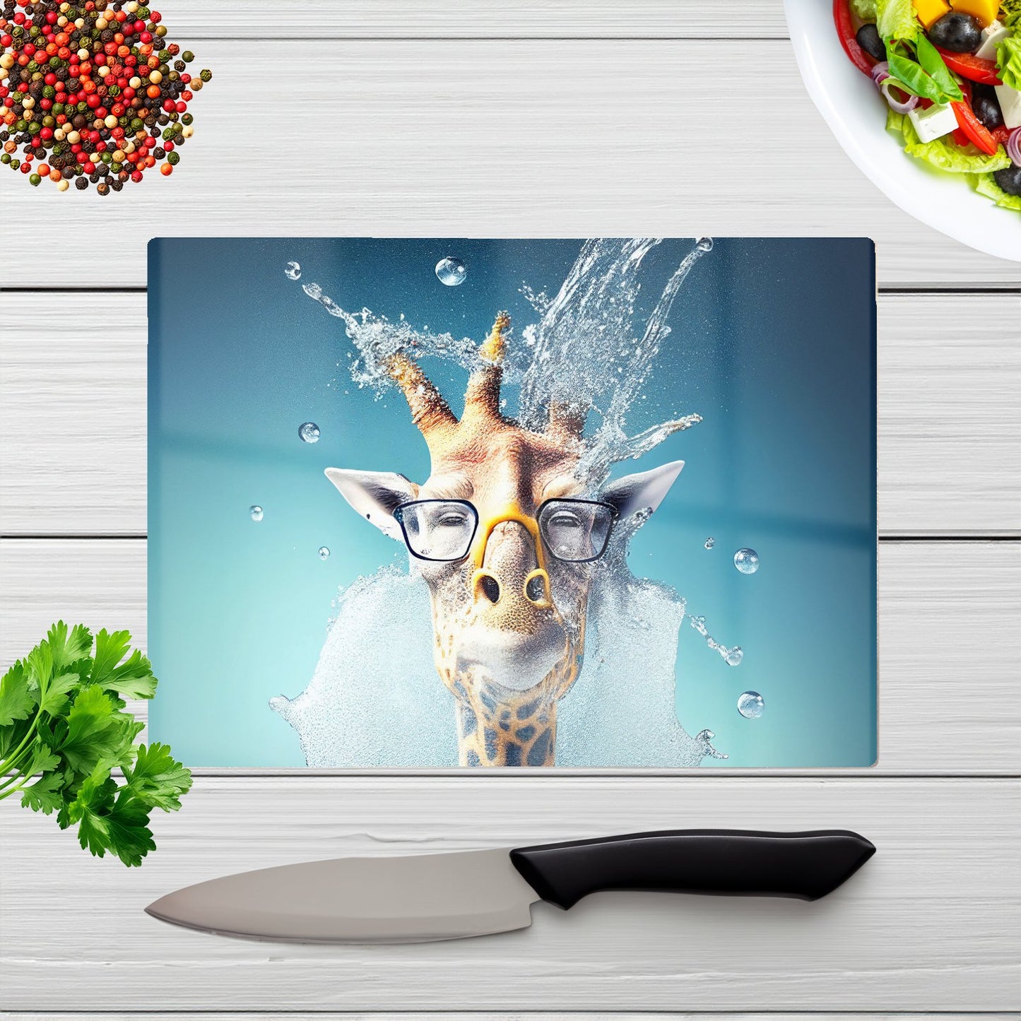 Giraffe With Glasses Splashart Glass Chopping Board