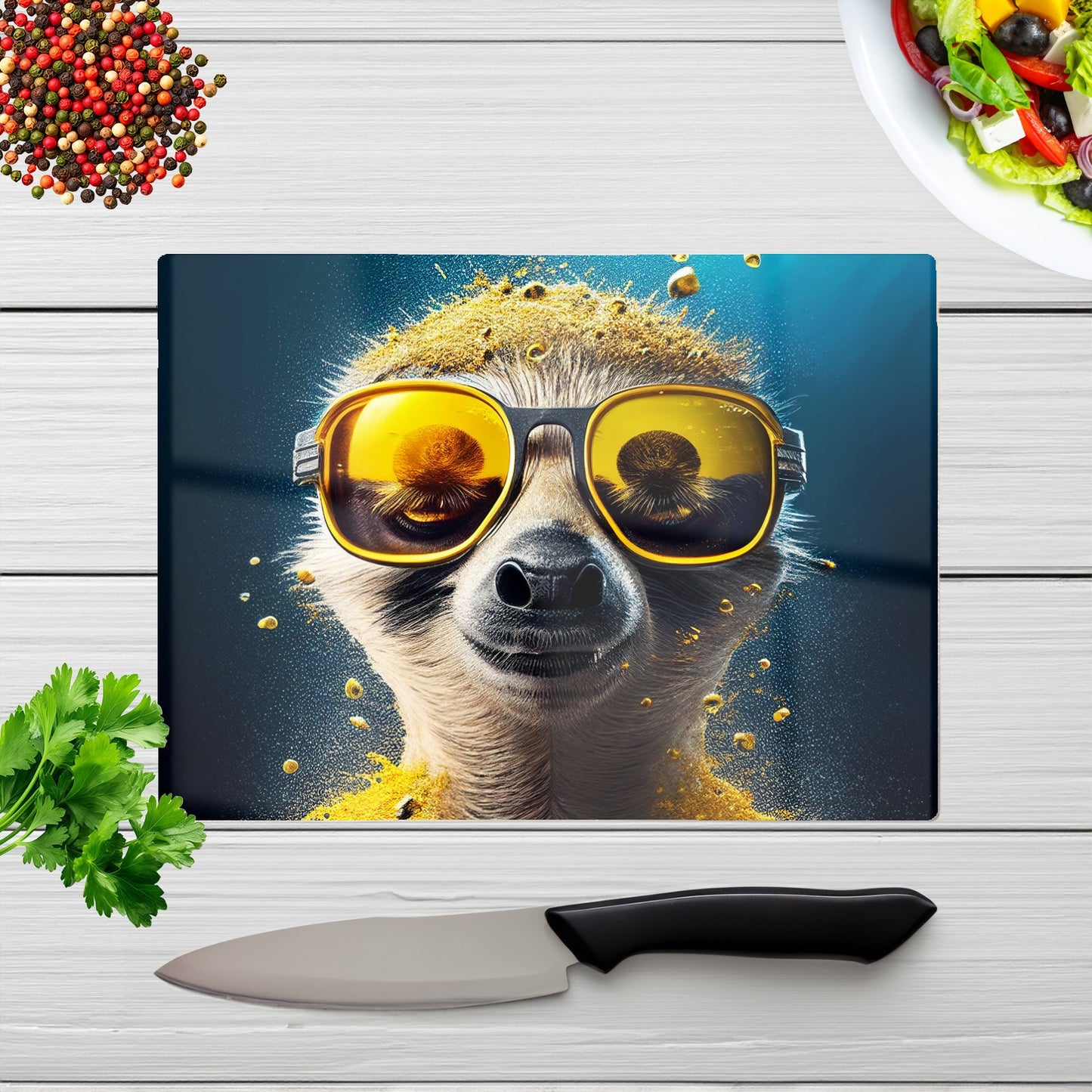 Meerkat With Golden Glasses Splashart Glass Chopping Board