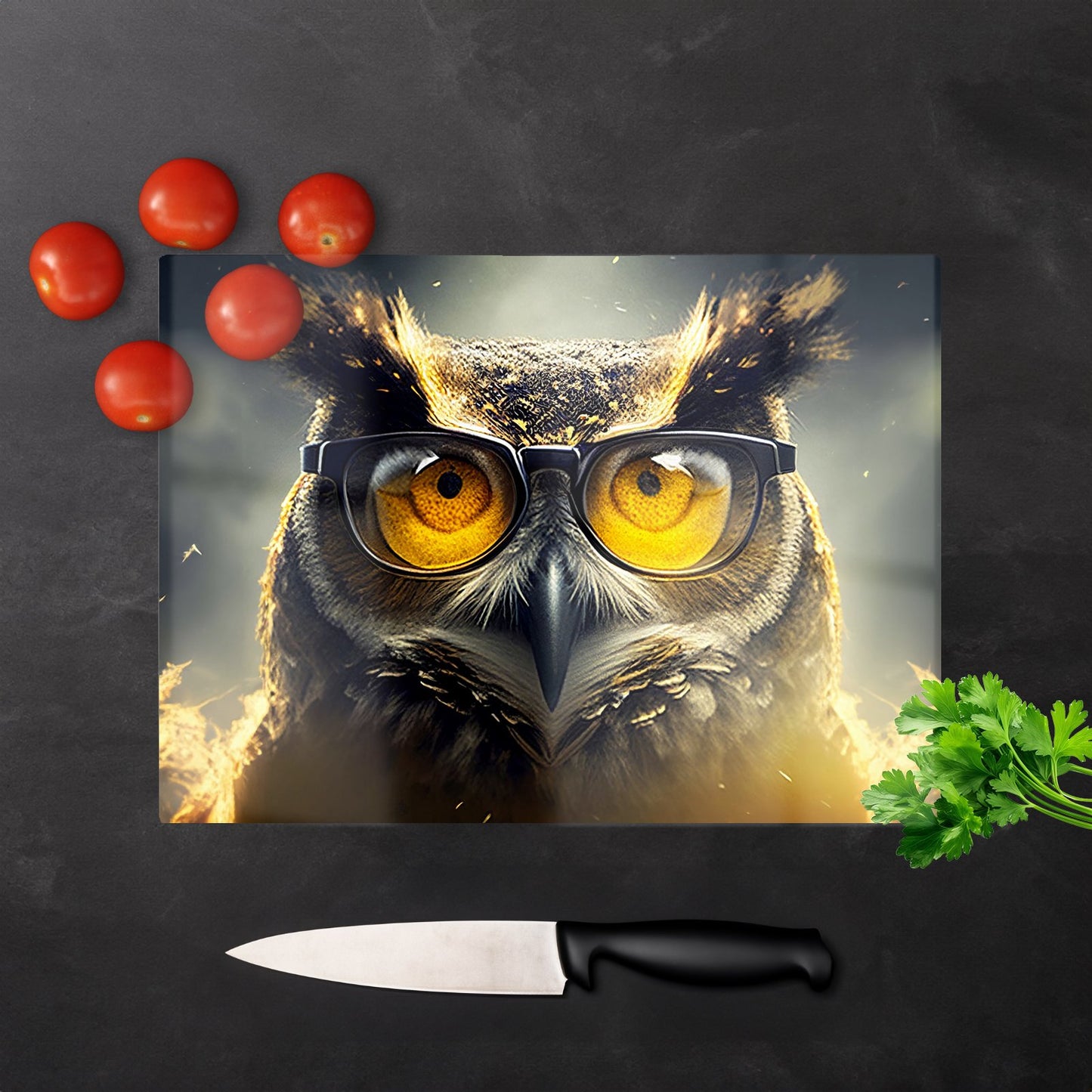 Owl With Glasses Splashart Glass Chopping Board
