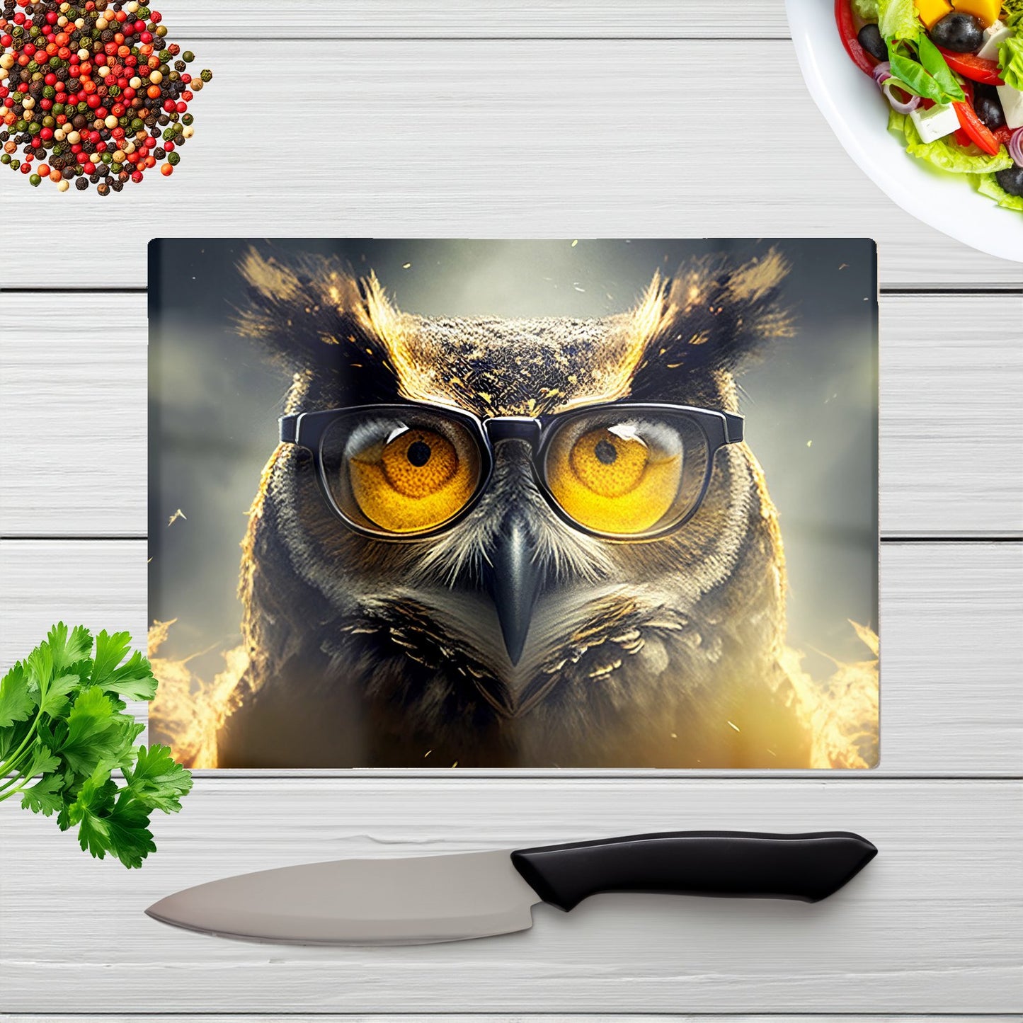 Owl With Glasses Splashart Glass Chopping Board