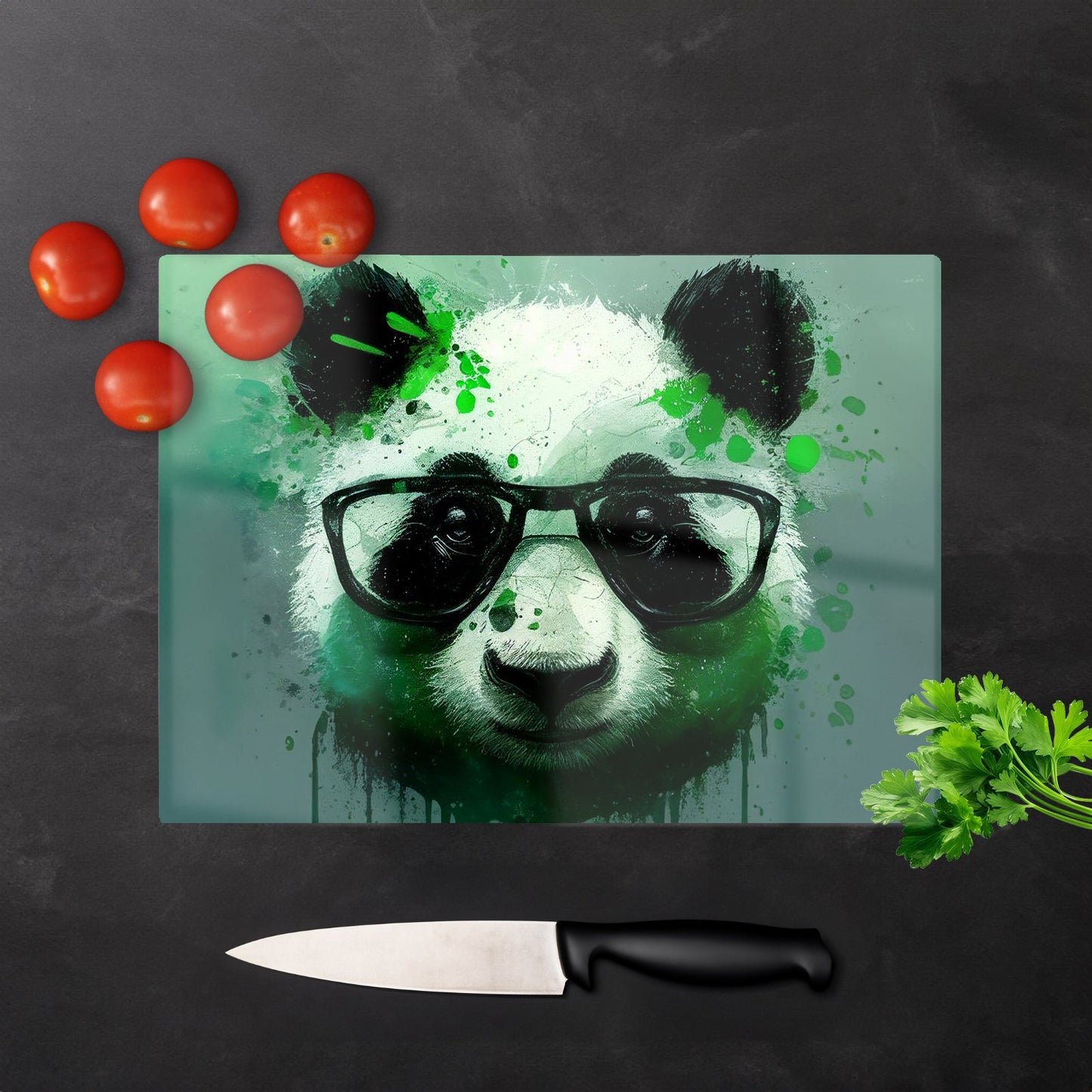 Panda With Glasses Green Splashart Glass Chopping Board
