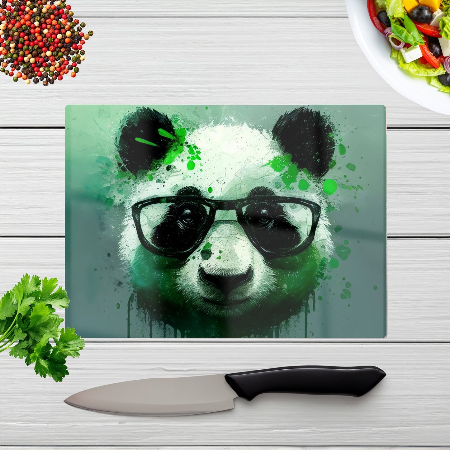 Panda With Glasses Green Splashart Glass Chopping Board