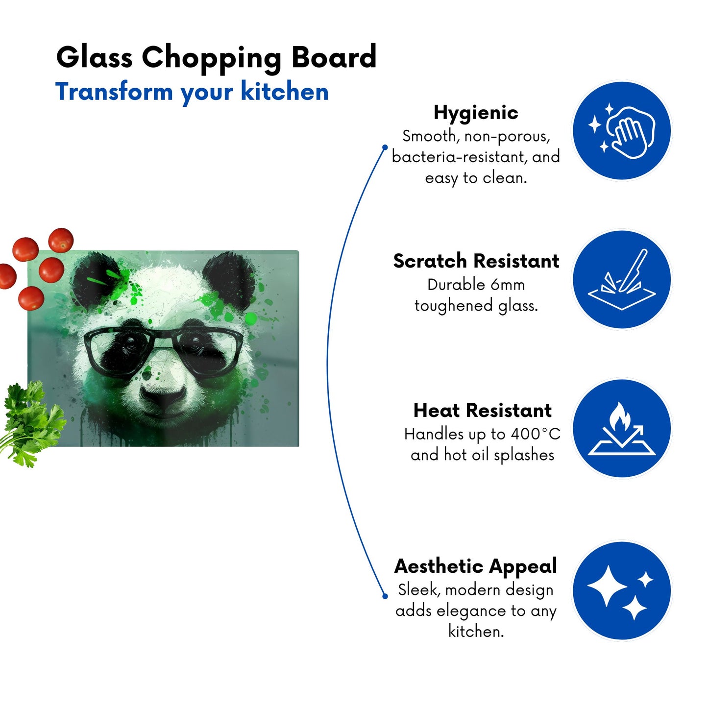 Panda With Glasses Green Splashart Glass Chopping Board