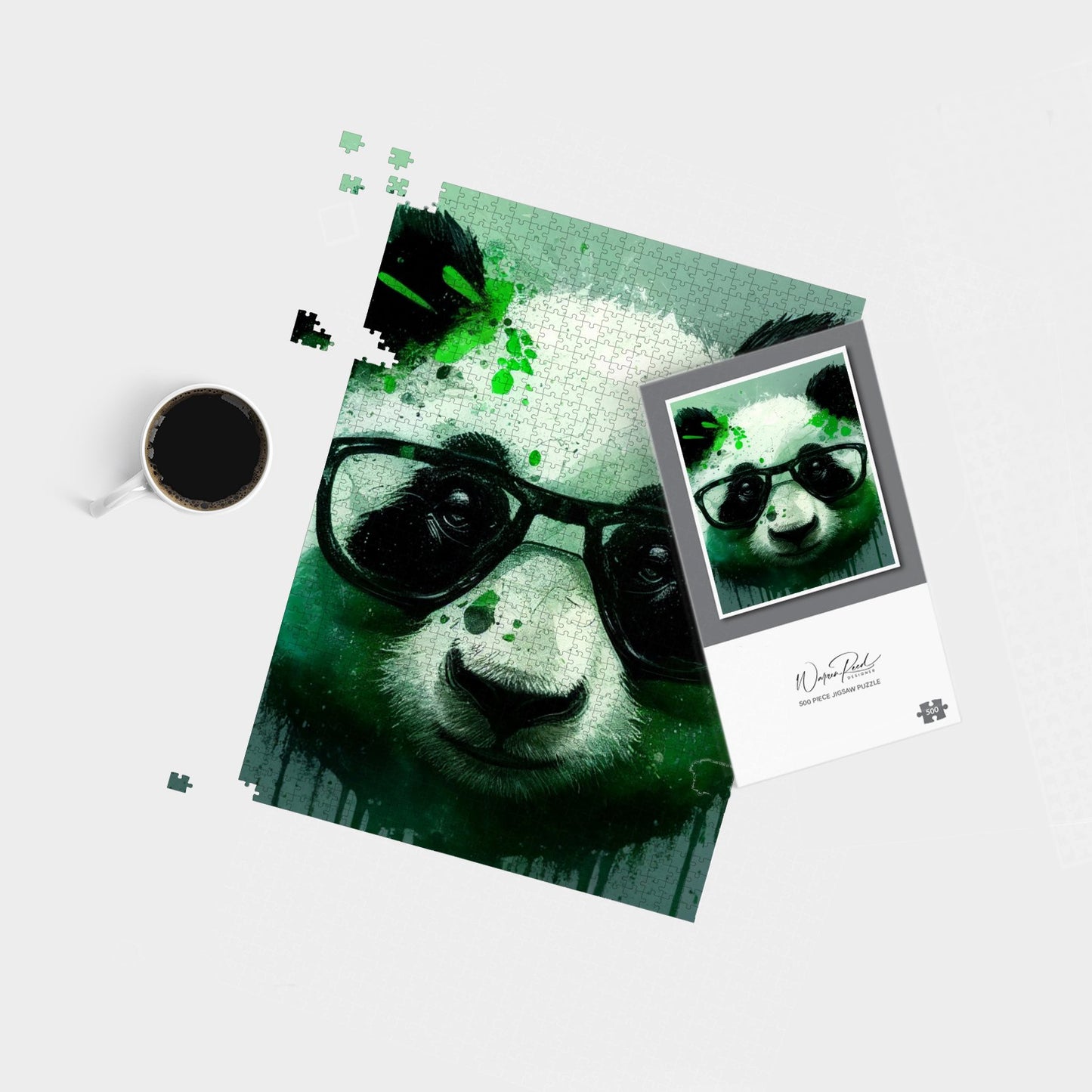 Panda With Glasses, Green Splashart Jigsaw Puzzle