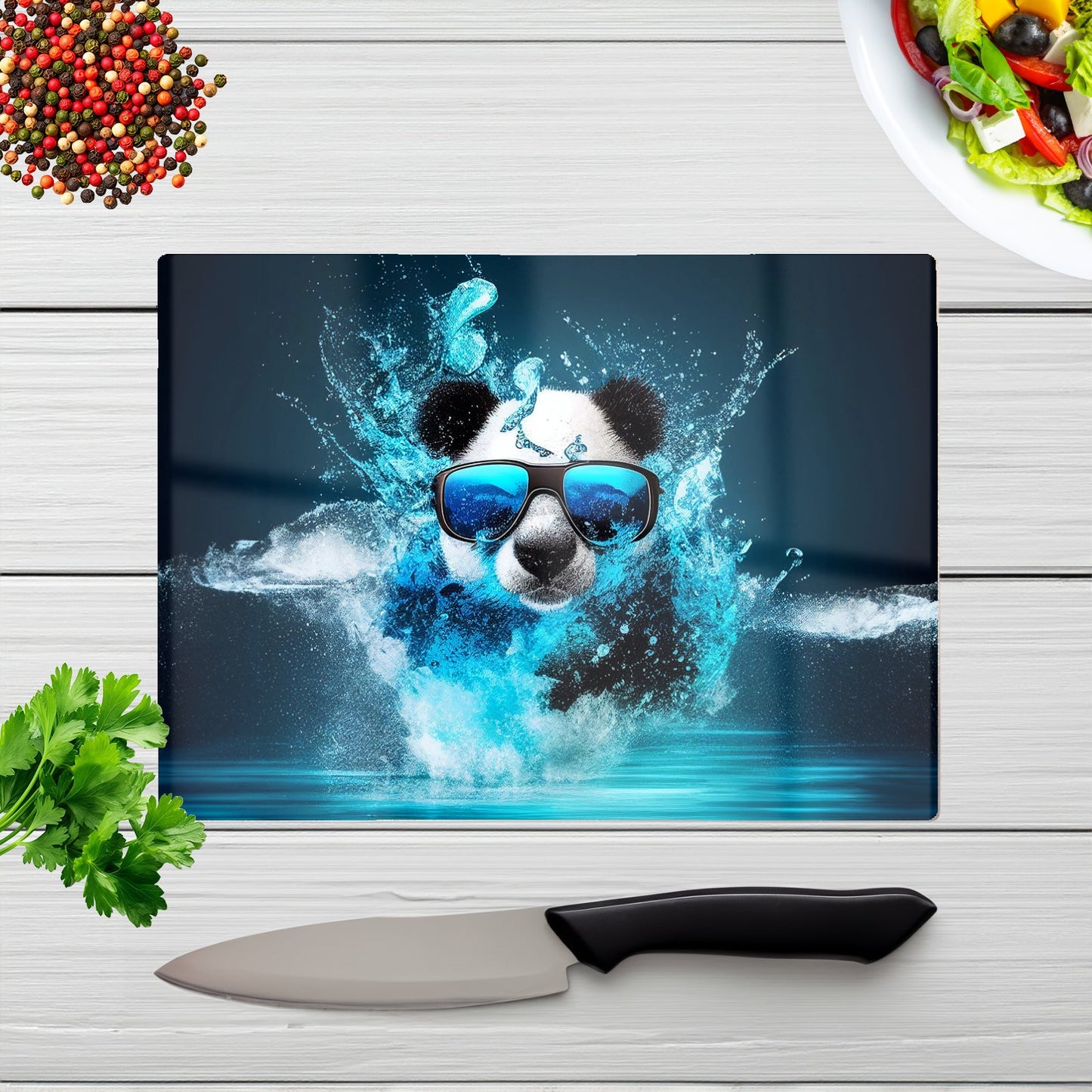 Panda With Glasses Splashart Water Glass Chopping Board