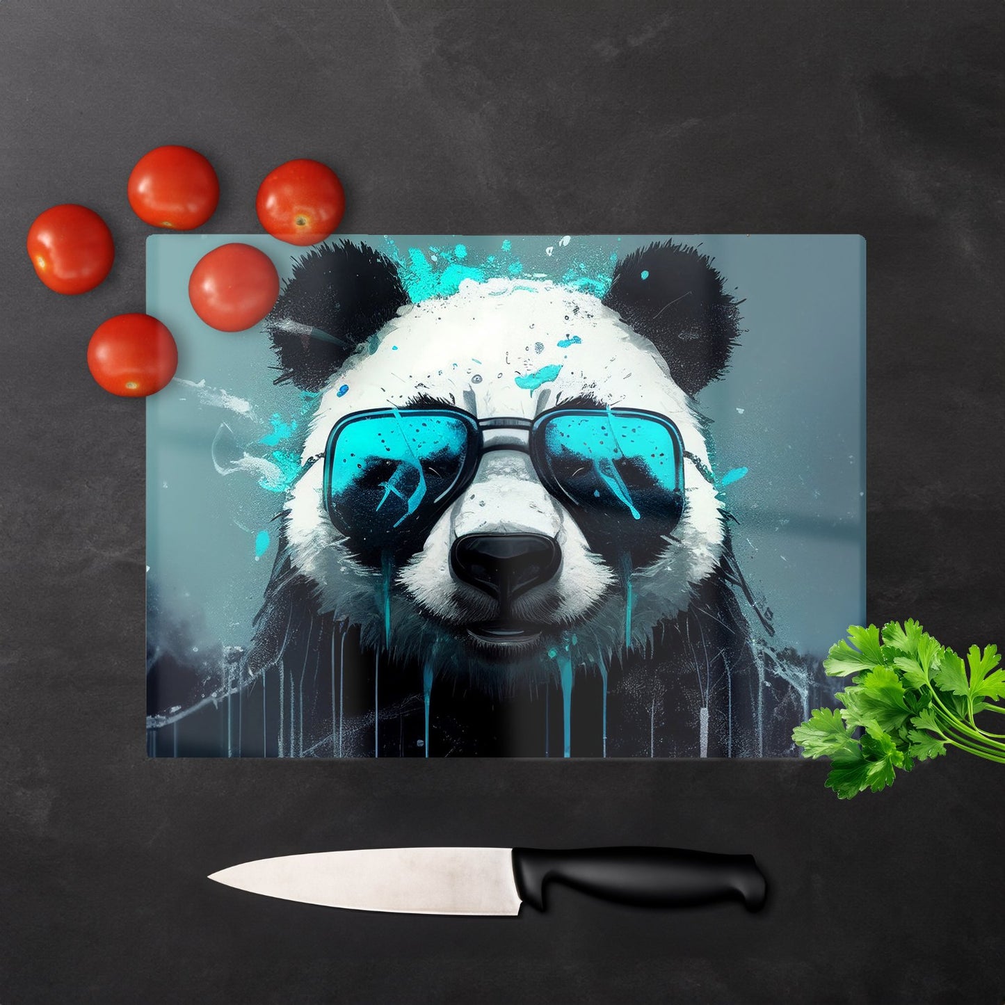 Panda With Blue Glasses Splashart Glass Chopping Board