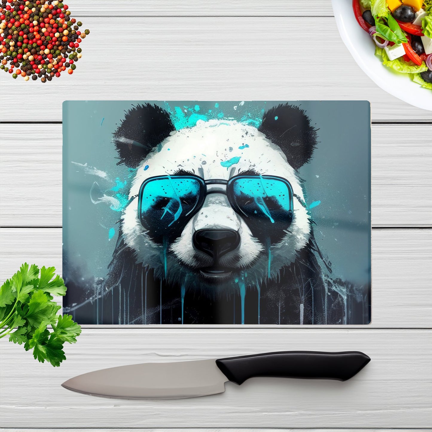 Panda With Blue Glasses Splashart Glass Chopping Board