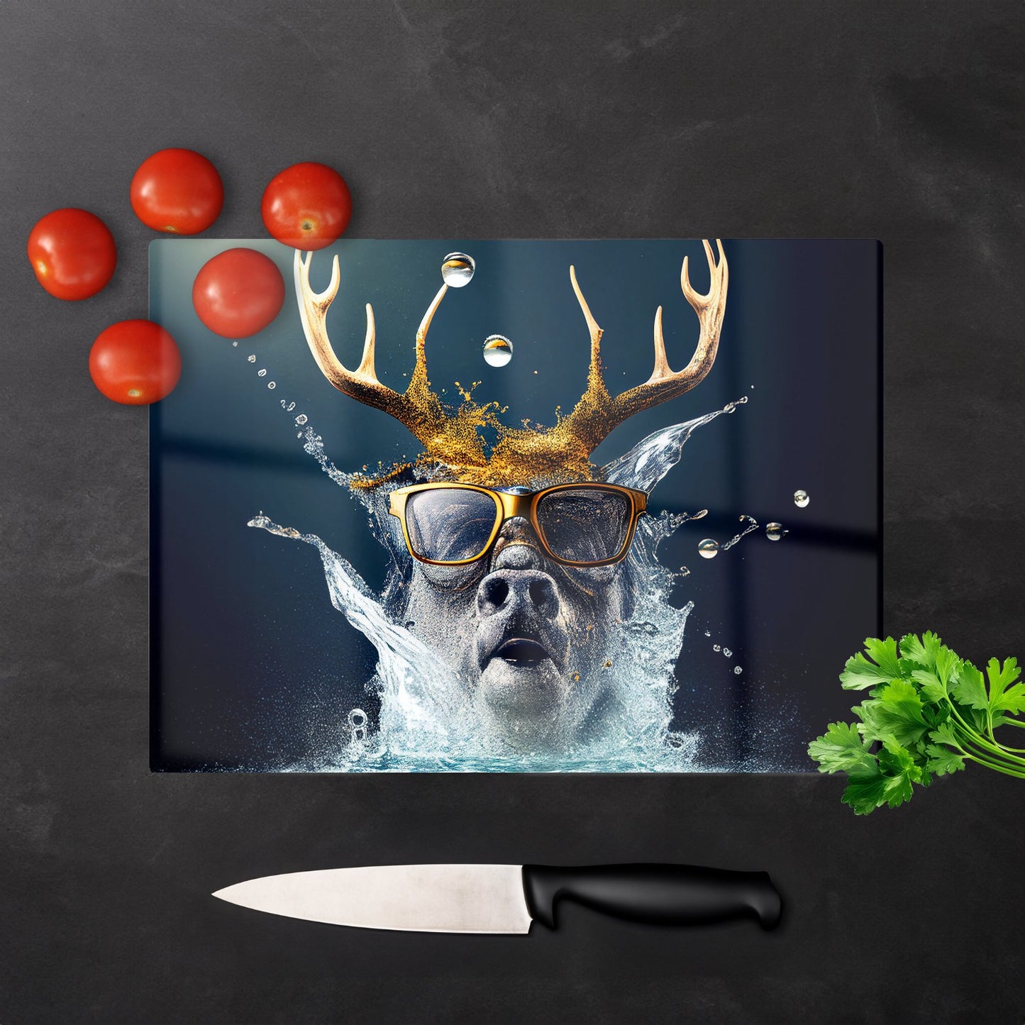 Stag With Glasses Splashart Glass Chopping Board